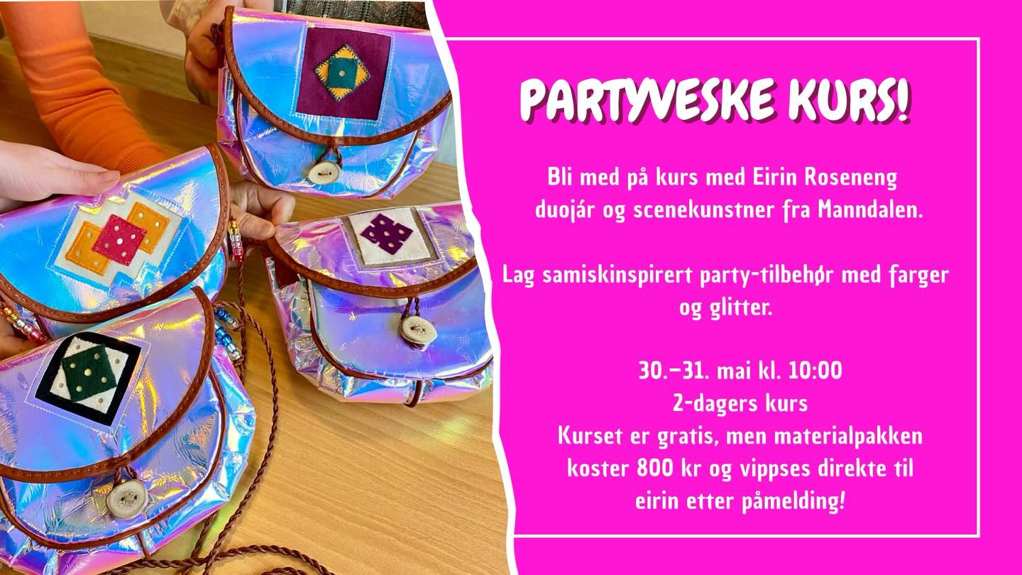 Háliidat go duddjot partyveaskku geasi suohtastallamiidda? Dieđit dás!
Vil du lage Partyveske til sommerens festligheter?
Meld deg på her:
https://www.romssasamiviessu.no/event-details-registration/lag-din-egen-partyveske