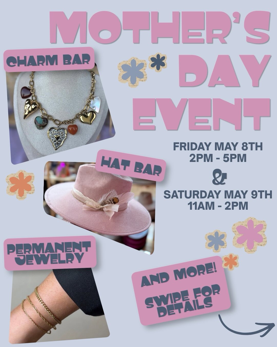 Need a fun Mother’s Day idea for mom? Or just want to come hang out and do something fun for yourself? We have the perfect event for you!
Celebrate Mother’s Day with us at Reve Salon & Spa:
Friday, May 8th
🌸 Build a bouquet
🍬 Candy bar
✨ Permanent Jewelry pop-up
👒 Hat bar pop-up
Saturday, May 9th
🌸 Build a bouquet
🍬 Candy bar
💖 Charm bar
Call the salon or see the front desk at your next visit to RSVP and receive a freebie!