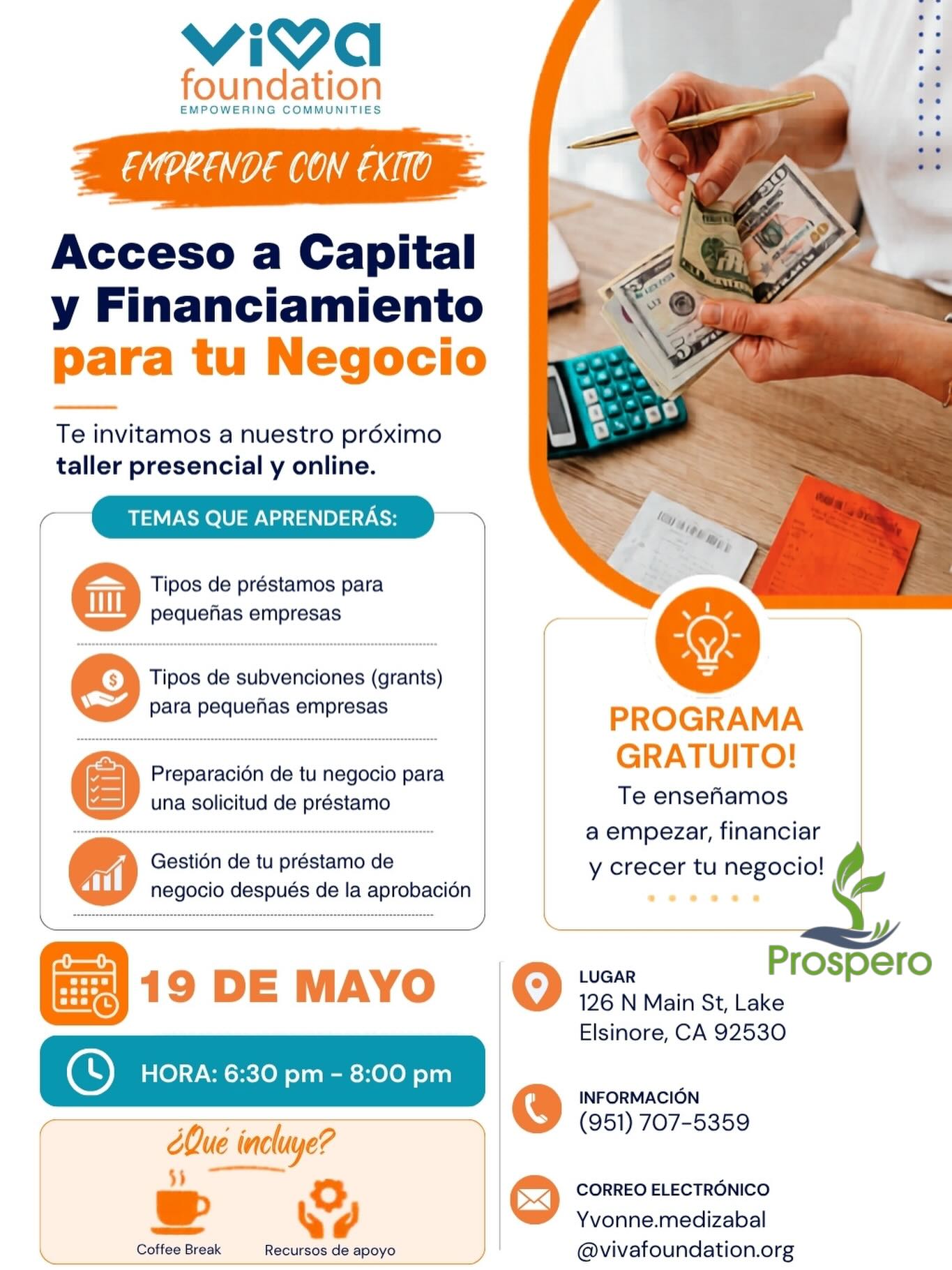 🚨 ¿Tienes un negocio o sueñas con empezar uno, pero no sabes cómo conseguir financiamiento?
Te invitamos a nuestro taller GRATUITO:
Acceso a Capital y Financiamiento para tu Negocio 💼💰
Aprende sobre préstamos para pequeñas empresas, grants/subvenciones, cómo preparar tu negocio para solicitar financiamiento y cómo manejar tu préstamo después de ser aprobado.
📅 19 de mayo
🕡 6:30 p.m. – 8:00 p.m.
📍 126 N Main St, Lake Elsinore, CA 92530
💻 Taller presencial y en línea
✅ 100% GRATIS
Este taller es para emprendedores, dueños de negocio y personas que quieren aprender cómo crecer con más recursos y apoyo.
Guarda este post, compártelo con alguien que tenga un negocio y acompáñanos. 🌱