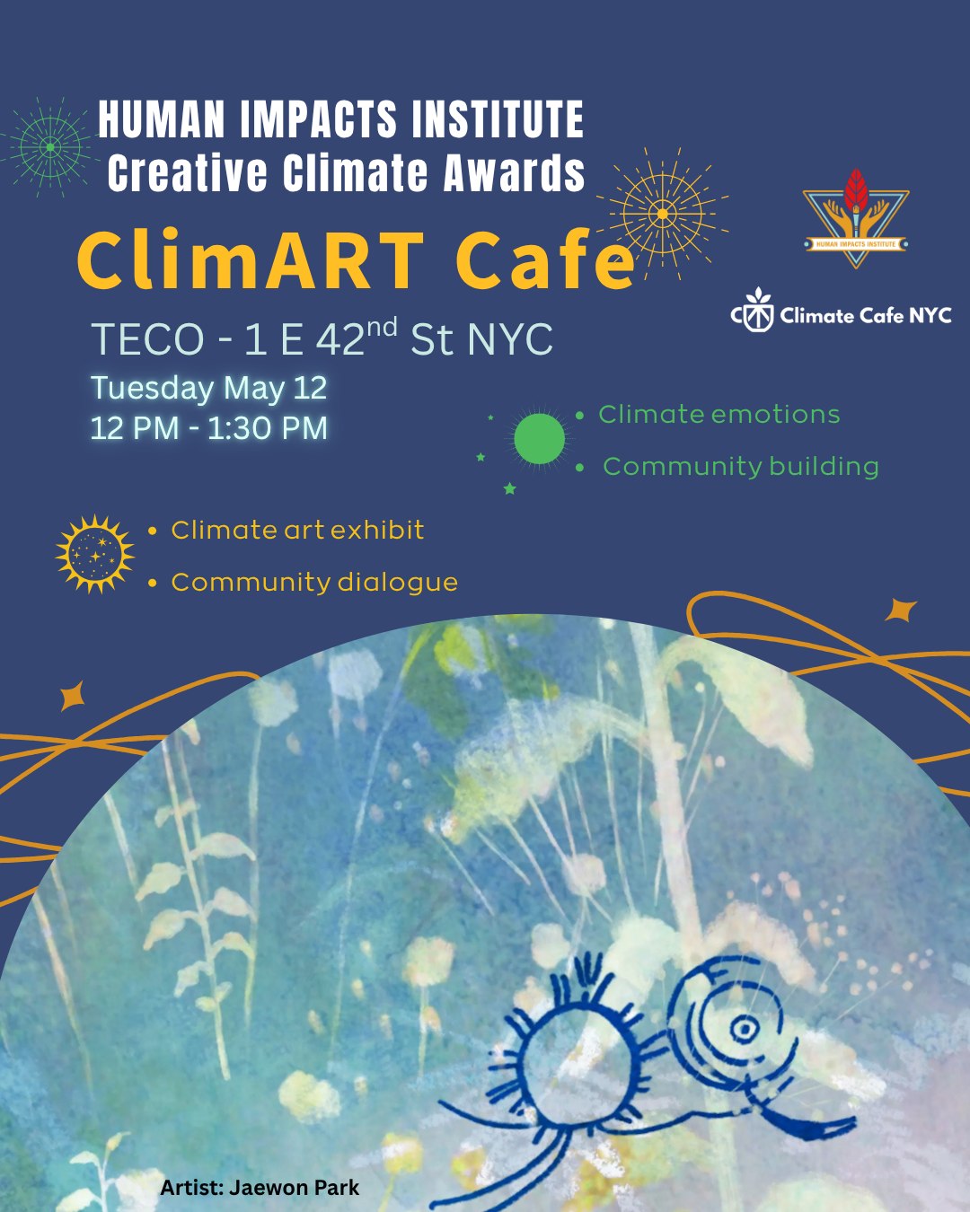 Join HII in a powerful climate-art conversation exploring climate emotions, resilience, and collective community action.
📍1 E 42nd St, NYC
🕛 12PM -1:30PM
🔗 Register at Link in Bio
This climate cafe brings together the public into the Human Impacts Institute's CCA exhibition for a dynamic and intimate conversation exploring how creativity and collective action can drive hope and reflect on our current emotions surrounding the climate and world events.
This conversation is part of the 2026 Creative Climate Awards: Collective Power, an initiative of the Human Impacts Institute.
Set at the Taipei Economic and Cultural Office (TECO), the event invites attendees to reflect on the connections between art, environmental justice, and the future we can co-create together.
#ClimateArt #ClimateCafe #CollectiveAction #CreativeClimateAwards #HumanImpactsInstitute