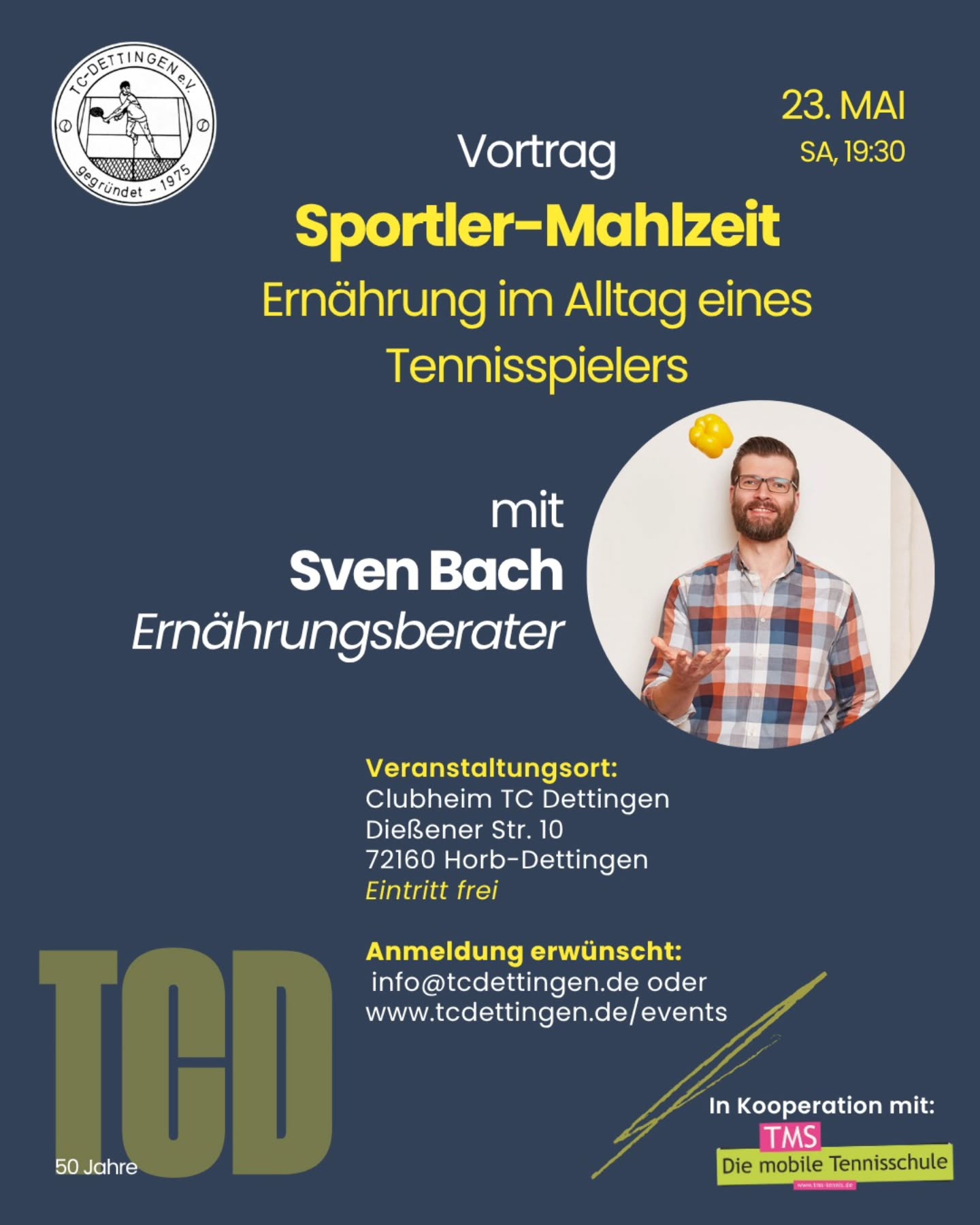 Spiel, Satz & Sieg – fängt schon auf dem Teller an! 🎾🍎
Am 23. Mai begrüßen wir Sven Bach beim TC Dettingen. Unter dem Titel „Sportler Mahlzeit“ zeigt er uns, wie die richtige Ernährung im Alltag eines Tennisspielers wirklich aussieht. Werde fitter, regeneriere schneller und hol dir die entscheidenden Prozent für dein nächstes Match!
📍 Wo: Clubheim TC Dettingen
📅 Wann: 23. Mai 19.30 Uhr
Anmeldung unter www.tcdettingen.de/events oder per Mail info@tcdettingen.de
#TCDettingen #TennisErnährung #SvenBach #SportlerMahlzeit #TennisLife
