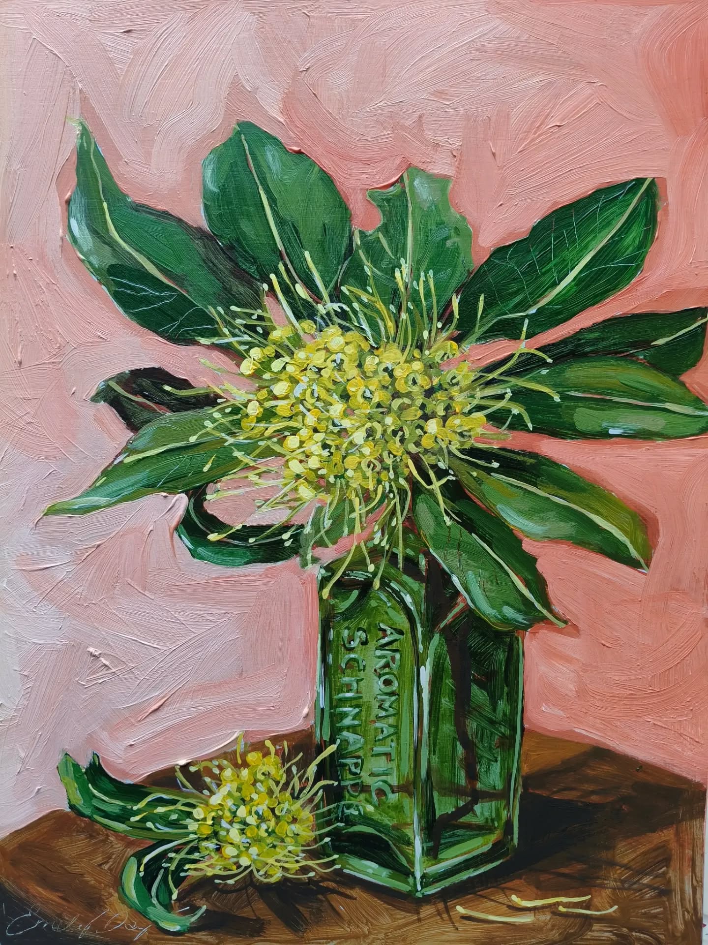 Sunday still life ✨ /available/
It's now golden penda season in Brisbane! The weather slightly cools, and all of a sudden, these iridescent yellow florals sprout. They line the streets of my neighbourhood and the lorikeets and bees love them.
I haven't painted golden penda for a few years now, and I also haven't picked up this vintage schnapps bottle in a while either - this sort of painting feels like a 2022 Sunday Still Life piece, especially with the salmon pink background - that was a firm favourite of mine from a few years ago.
'GOLDEN SCHNAPPS'
30x40cm acrylic on 1.5cm timber board
$595 including delivery around Aus.
Certificate of Authenticity included. The painting will arrive unframed with a rear wire, ready to hang in your home.
Additional custom quote for framing or international postage can be enquired.
---
About the series: Sunday still life is my weekly Instagram release of original art, at 7.30pm AEST (Brisbane time) of things I've been working on in the studio that week. You can check out my website for any available works from past weeks.
Thank you for your support 💛
#stilllifepainting #australianflowers #australianartist #australianart #sundaystilllife