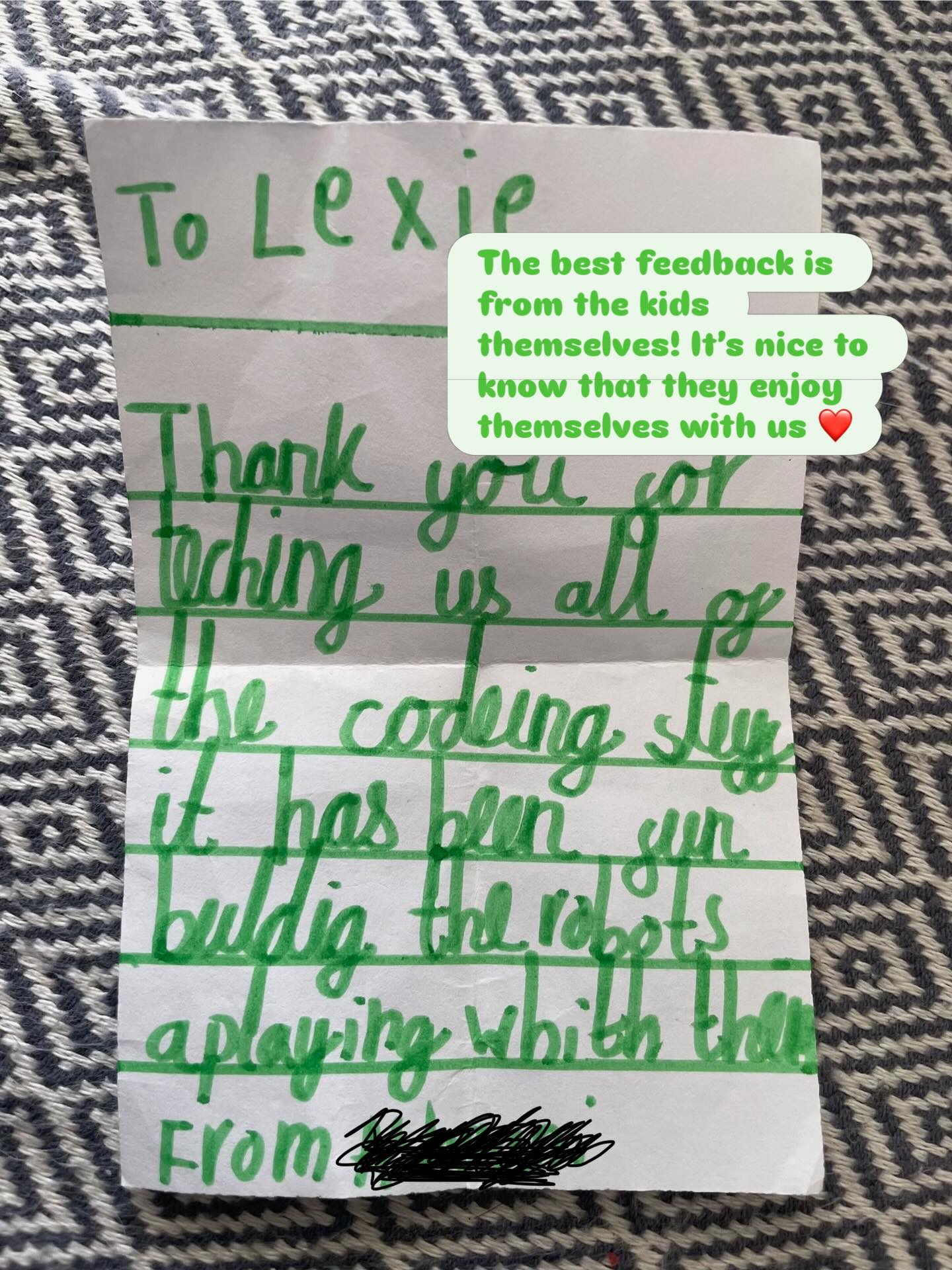 One of my club students came up to me at the end of our session and handed me a piece of folded up paper with my name on it. When I opened it up she had written me a lovely note! She had given Andrew one too ❤️ certainly my favourite part of the job!