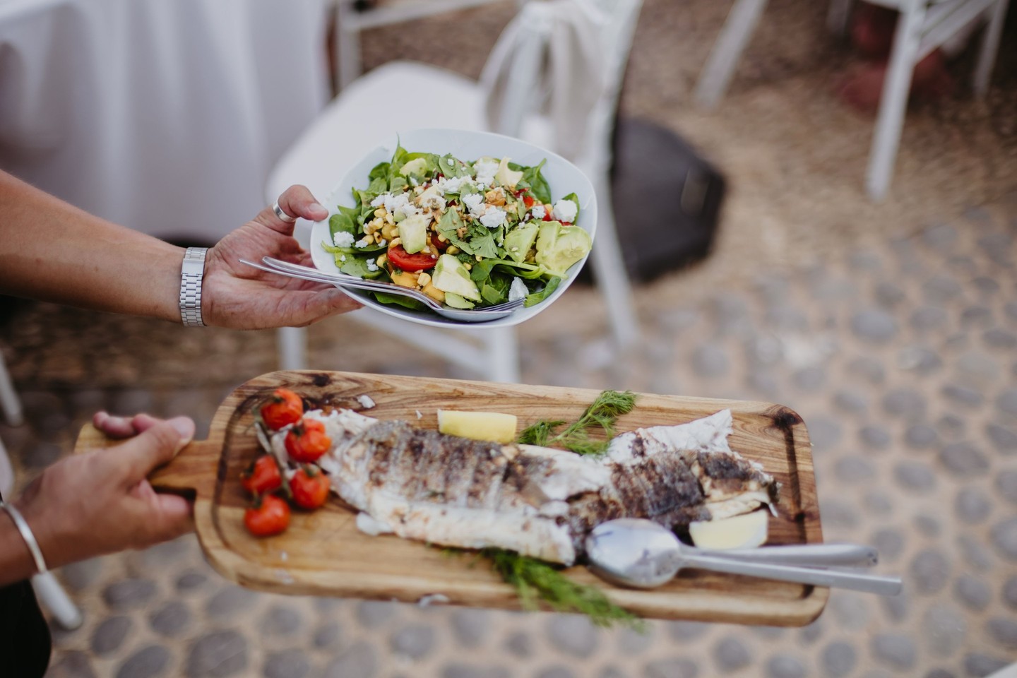 Fresh BBQ fish & Colourful sides is the epitome of nourish! #eatwithyoureyes #simpleflavours #nourishibiza