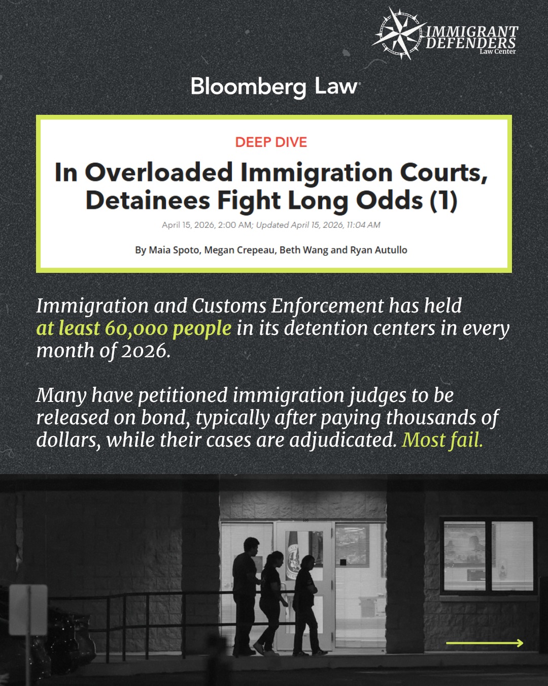 Every day our detained clients fight for release on bond so they can continue their immigration case from home, surrounded by family. But too often, that opportunity comes down to whether or not they can afford the price of freedom. Our client RaĂșl Estrada Valentin, a longtime Orange County resident with strong community support, was granted release on bond at $25,000 - an amount far beyond what most working families can afford. This effectively shuts the door on release for countless people who pose no danger or flight risk, trapping them in ICE detention with no path out.
Detention tears families apart, destabilizes entire communities, and places enormous barriers between people their rights. That's why access to counsel and bond funds like the Detained Immigrant Bond Fund hosted by @cluejustice are a lifeline of hope. Everyone deserves a fighting chance for family reunification and due process.
đ Read more: https://news.bloomberglaw.com/litigation/in-overloaded-immigration-courts-detainees-fight-long-odds-...
đ€ Donate to the bond fund: cluejustice.org/bond
đ©ââïž Donate to provide legal representation: immdef.org/donate