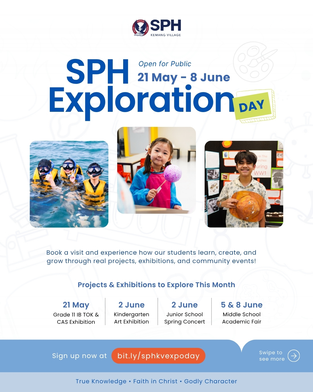 What does meaningful learning really look like? π€π
Come visit us at SPH Kemang Village Exploration Day and experience the SPH learning journey firsthand!
From interactive exhibitions to student-led projects, see how learning comes to life through creativity, collaboration, and real-world experiences. π
π
21 May - 8 June 2026
π SPH Kemang Village
π« Open to the public
Discover a variety of exciting projects and performances throughout the month:
πΉ Grade 11 IB TOK & CAS Exhibition π
21 May
πΉ Kindy Art Exhibition π
2 June
πΉ Junior School Spring Concert π
2 June
πΉ Middle School Academic Fair π
5β8 June
Join us for a season of discovery, creativity, and learning in action.
Book your visit today! π bit.ly/sphkvexpoday
#explorationday #exhibition #artexhibition #middleschool #kindergarten #seniorschool