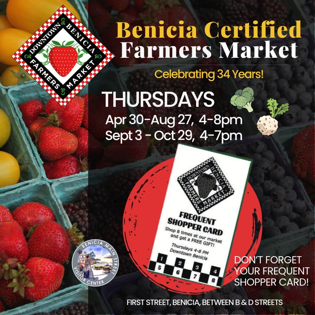 The Benicia Certified Farmers Market is Almost Here! 😃 Did you know that we offer a Frequent Shopper Card for our Farmers Market?
✨ Benicia Farmers Market Frequent Shopper Card is a free loyalty program designed to reward regular farmers market visitors.
✨ Shoppers may pick up a card at Benicia Main Street’s information booth and return each week to get it punched.
✨ Once the card is filled (after 8 punches), it can be redeemed for gifts typically provided by market vendors and/or special promotional items.
✨The Frequent Shopper program was designed to encourage community support for local produce and products, and as a “thank you” for shopping small and local. ❤
The Benicia Certified Farmers Market is the largest Independent Certified Farmers Market in Solano County! Active since 1993, this beloved market has become a vibrant gathering spot along Benicia’s Historic Waterfront.
Event Details:
- Thursdays from April 30 to August 27, 4:00 PM - 8:00 PM
- Thursdays from September 3 to October 29, 4:00 PM - 7:00 PM
- First Street, Benicia, between B & D Streets
Explore an abundance of fresh produce, specialty foods, artisan goods, food trucks, wellness products, and so much more. There will also be music & activities to enjoy! Don’t miss out on this opportunity to connect with local farmers, artisans, and your community while soaking in the beautiful waterfront atmosphere. Come join the fun! 🌱
#farmersmarket #benicia #localproduce #MusicAndFun #artisangoods