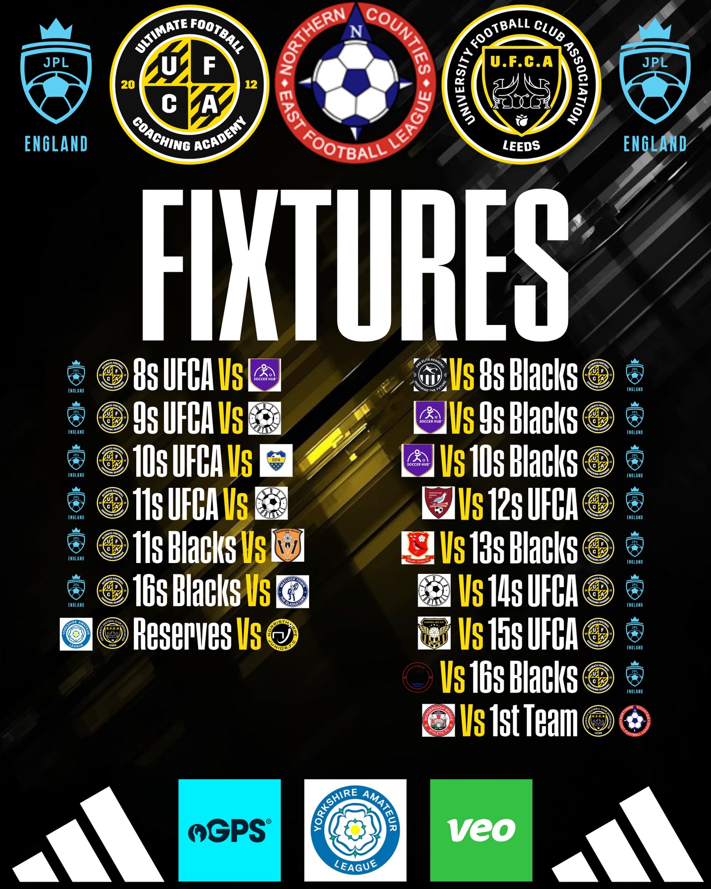 The JPL season is coming to a close but still some massive games to come this Saturday across all of our teams.
Here’s a sneak preview of the games that have some 🏆 up for grabs.
🖤 U10s - Bradford CV Final
💛 U11s - Yorkshire Final
🖤 U12s - 1 point needed to be crowned league champions
💛 15s - 5 games left - win every game and will finish top
🖤 Reserves - pushing for promotion to step 7 after beating top of the league 2-1 on Wednesday.
💛 NCEL Play off Semi Final as we stand 2 wins away from promotion to step 5
Of course every game matters in the long term development of all the players but it’s always good to be involved in the ultra competetive games as that signals some high level performances on the pitch and a recognition of some very good achievements.
Good luck to every players representing us on Saturday.