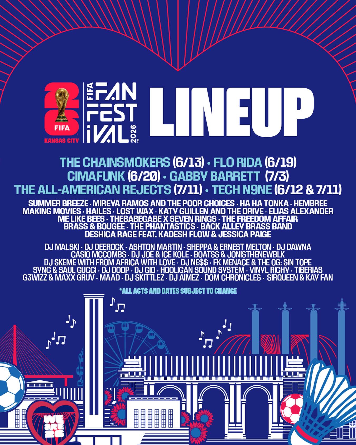 The FIFA Fan Festival™ Kansas City entertainment lineup is HERE! 🔥
Add these names to the list of reasons you won’t want to miss this once-in-a-generation event.
Music. Matches. Moments. Memories.
Reserve your free general admission pass here: kc2026.com/fifa-fan-festival
@fwc26kansascity