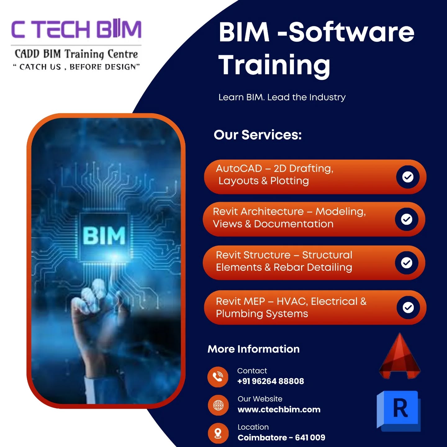 ๐ Step into the Future of Construction with BIM Software Training
Master industry-leading tools:
โ AutoCAD โ 2D Drafting & Layouts
โ Revit Architecture โ Modeling & Documentation
โ Revit Structure โ Structural Design & Rebar
โ Revit MEP โ HVAC, Electrical & Plumbing
๐ฏ Learn BIM. Lead the Industry.
๐ผ Real-time skills for real-world projects
๐ Coimbatore
๐ +91 96264 88808
๐ www.ctechbim.com
#BIM #AutoCAD #Revit #MEP #CivilEngineering Architecture Construction DesignCareer Coimbatore SkillDevelopment