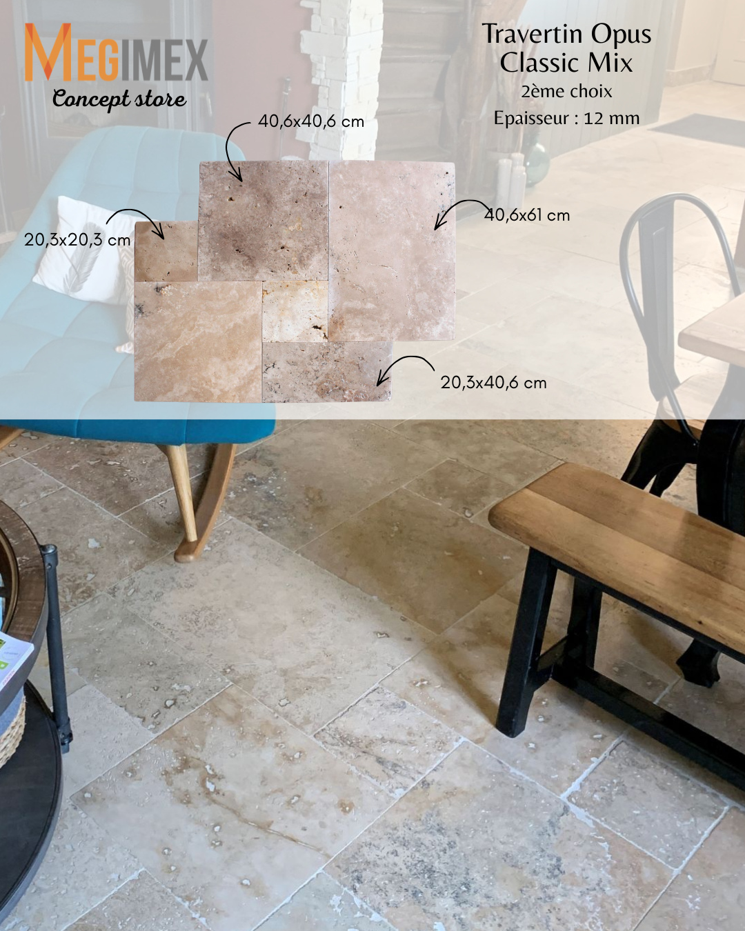 Découvrez le nouveau carrelage Travertin OPUS – Classic Mix 2ème choix
Ce format Opus apporte charme et authenticité à vos espaces. Avec une épaisseur de 12 mm, il est idéal pour un rendu à la fois esthétique et durable.
Composition du format :
• 1 dalle 40,6 × 61 cm
• 2 dalles 40,6 × 40,6 cm
• 2 dalles 20,3 × 20,3 cm
• 1 dalle 20,3 × 40,6 cm
Un mélange harmonieux de formats pour un effet naturel et élégant.
Disponible dans votre showroom Megimex, situé à Sainte-Marie d’Arles,
Le Moule.
#Guadeloupe#Travertin#CarrelageGuadeloupe#Decorationinterieure
#Inspirationdeco #Amenagementinterieur#Designinterieur#Naturel