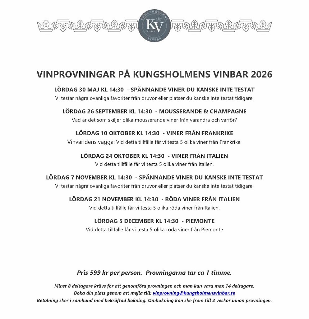 Vinprovningar på Kungsholmens Vinbar.
