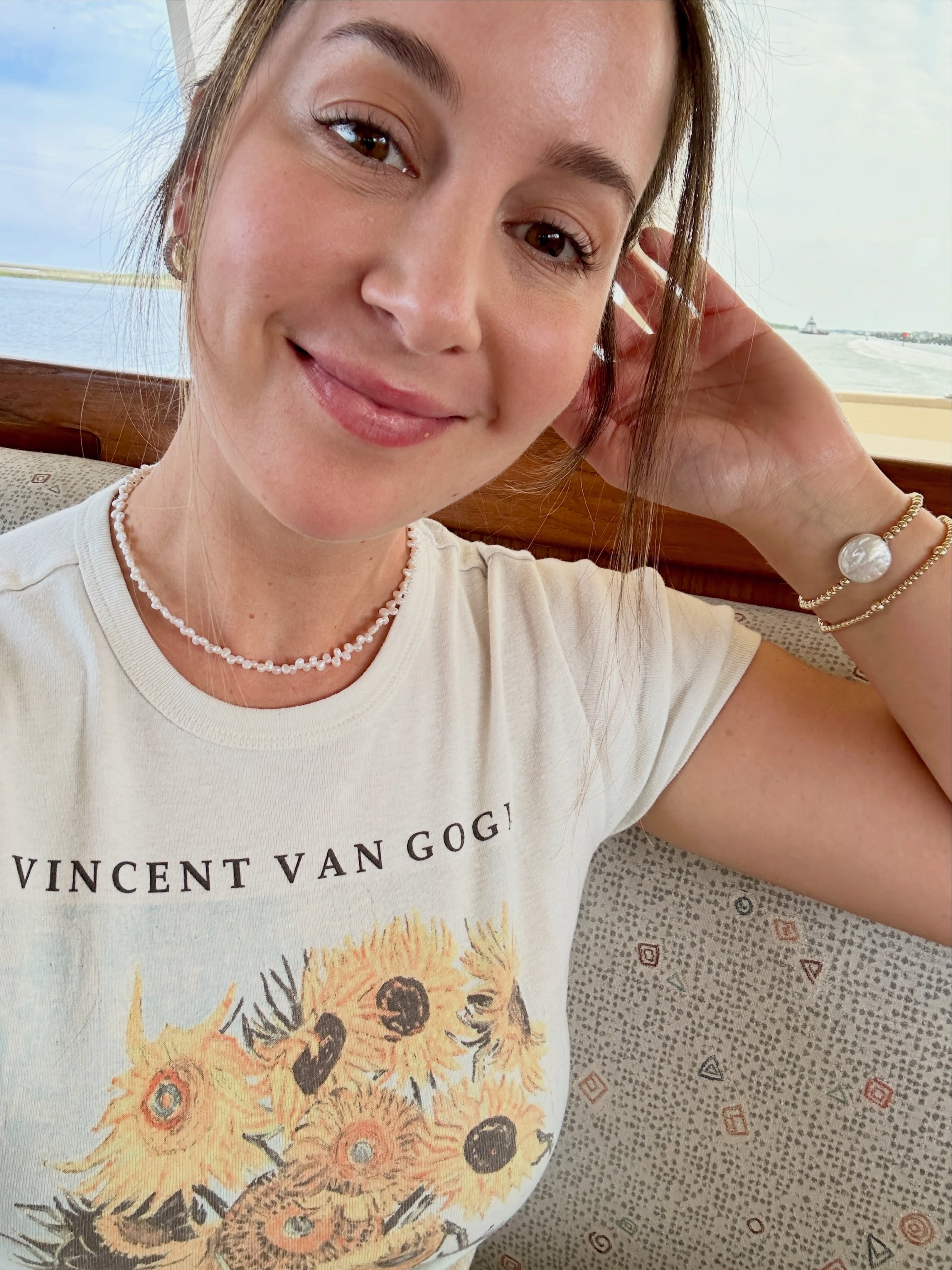Working but also on a boat! Life is good 🌻⛴️
I haven’t taken off this new pearl necklace since making it last week. DM or email me for details; photography isn’t ready yet for our website ~ this is just one of the bummer things that happens with my business that I wish I could change ~ because I get so so excited about new pieces but I want them available immediately!!
Coin pearl bracelet & Poppy bracelet are both online ✨
#vangogh #sunflowers #deskselfie #smallbusiness | woman owned business, product photography, cruising