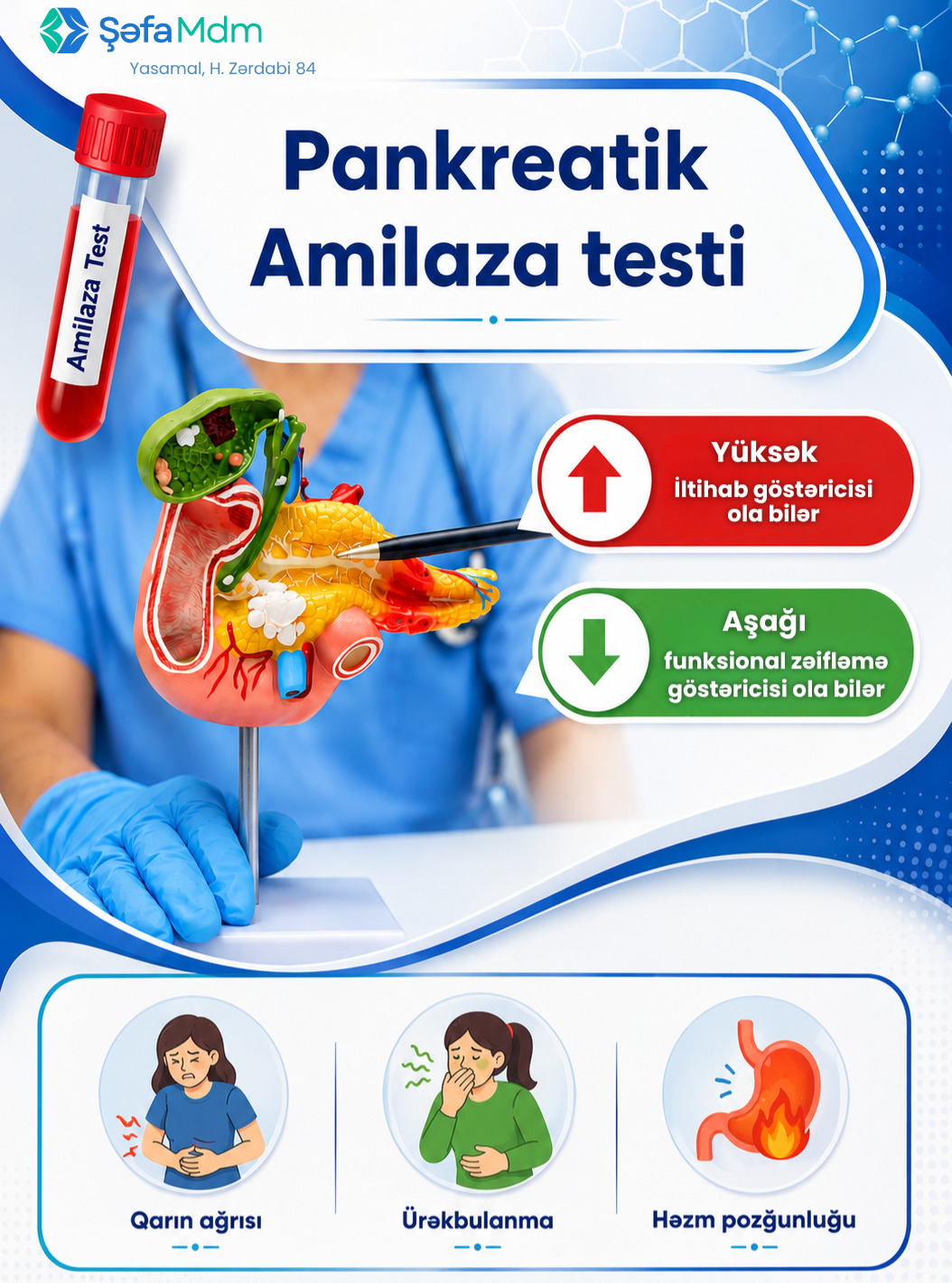 Amilaza Testi nədir?
Amilaza əsasən mədəaltı vəzi tərəfindən ifraz olunan həzm fermentidir. Bu analiz pankreasın fəaliyyətinin qiymətləndirilməsində mühüm rol oynayır.
📌 Amilaza testi hansı hallarda istənilə bilər?
* Qarın ağrıları
* Həzm problemləri
* Pankreas xəstəliklərinə şübhə
* Kəskin və xroniki pankreatitin araşdırılması
⬆️ Yüksək amilaza səviyyəsi pankreas iltihabı və ya həzm sistemi problemləri ilə əlaqəli ola bilər.
⬇️ Aşağı amilaza səviyyəsi isə pankreas funksiyasının zəifləməsini göstərə bilər.
🔬 Vaxtında aparılan laborator müayinələr sağlamlığın qorunmasında vacib rol oynayır.
📍 Yasamal, H. Zərdabi 84
📞 055 448 38 11 / 12
🌐 www.shafa.az | www.hid.az
#analiz #laboratoriya #amilaza #pankreas #checkup #sağlamlıq #medical #baku