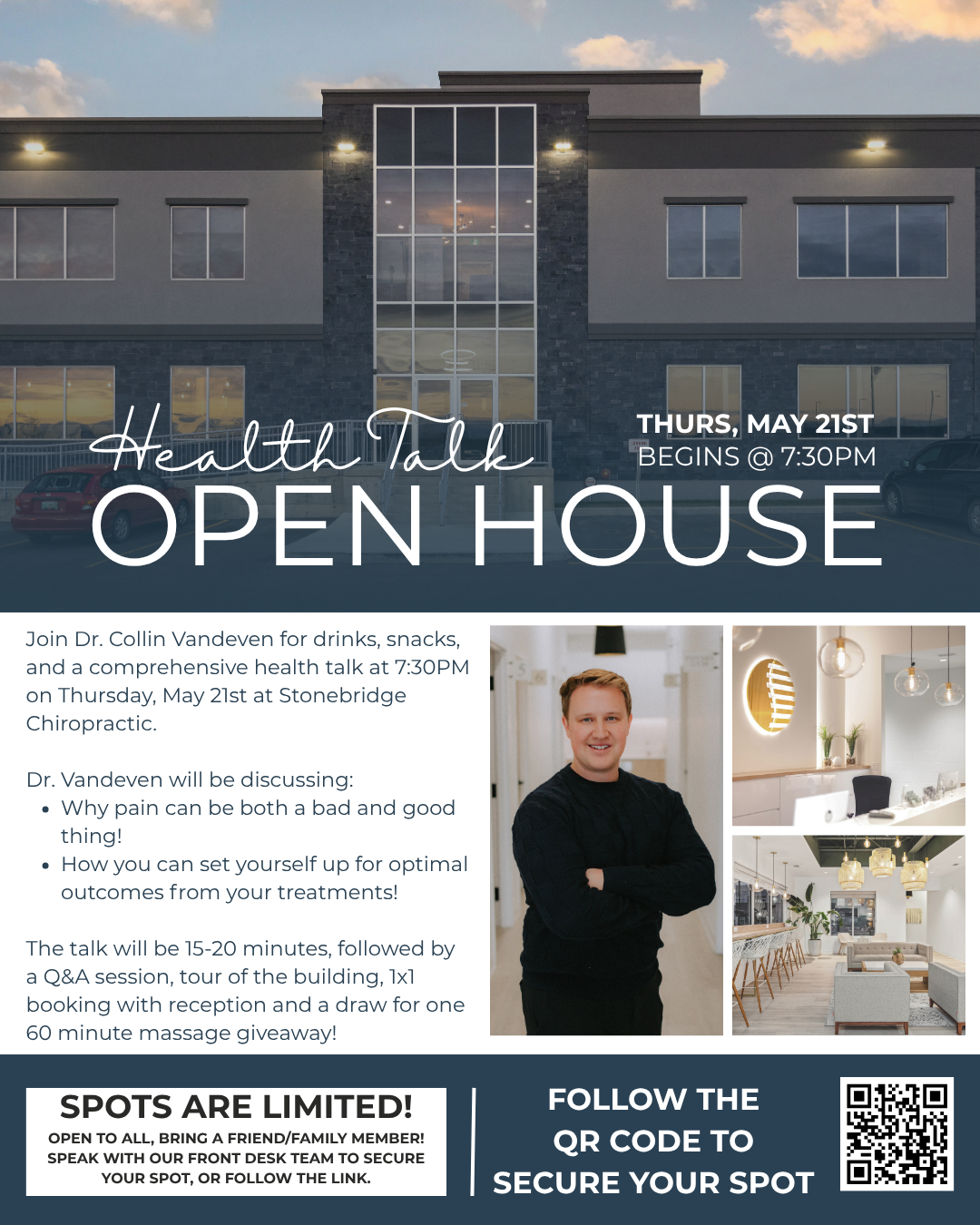 ✉️✨ You're invited! ✨✉️
Join Dr. Collin Vandeven on Thursday, May 21st @ 7:30PM for a comprehensive health talk here at Stonebridge Chiropractic.
He is excited to share information on why pain can be both a good and bad thing, and how you can set yourself up for optimal outcomes from your treatments. ✅⭐️
Interested in joining us? Spots are limited! To secure yours, speak with our reception team, follow the link in our bio, or scan the QR code. 📞🔗
We look forward to seeing you. 🤩