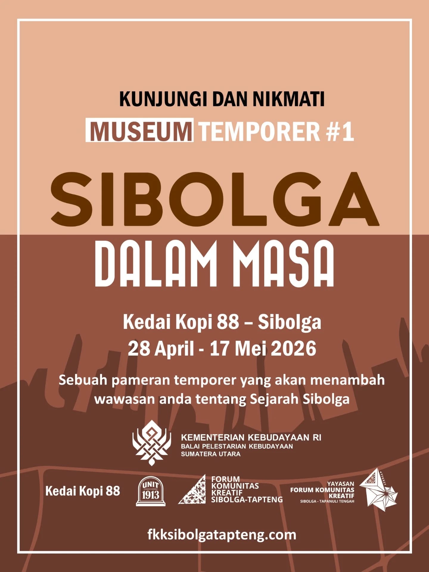 Oi Dusanak!
Kunjungi dan nikmati sebuah persembahan dari FKK Sibolga Tapteng
MUSEUM TEMPORER #1
SIBOLGA DALAM MASA
Menyuguhkan sejarah ambisi dan visi pembangunan kota yang telah berusia 326 tahun.
Pameran akan berlangsung hingga 17 Mei 2026 di Kedai Kopi 88. Nikmati suguhan kuliner sambil menikmati suguhan wawasan.
Salam sejarah
FKK Sibolga Tapteng
----
Kegiatan ini didukung oleh
Kementerian Kebudayaan RI
BPK Sumatera Utara
@bpkebudayaan.su