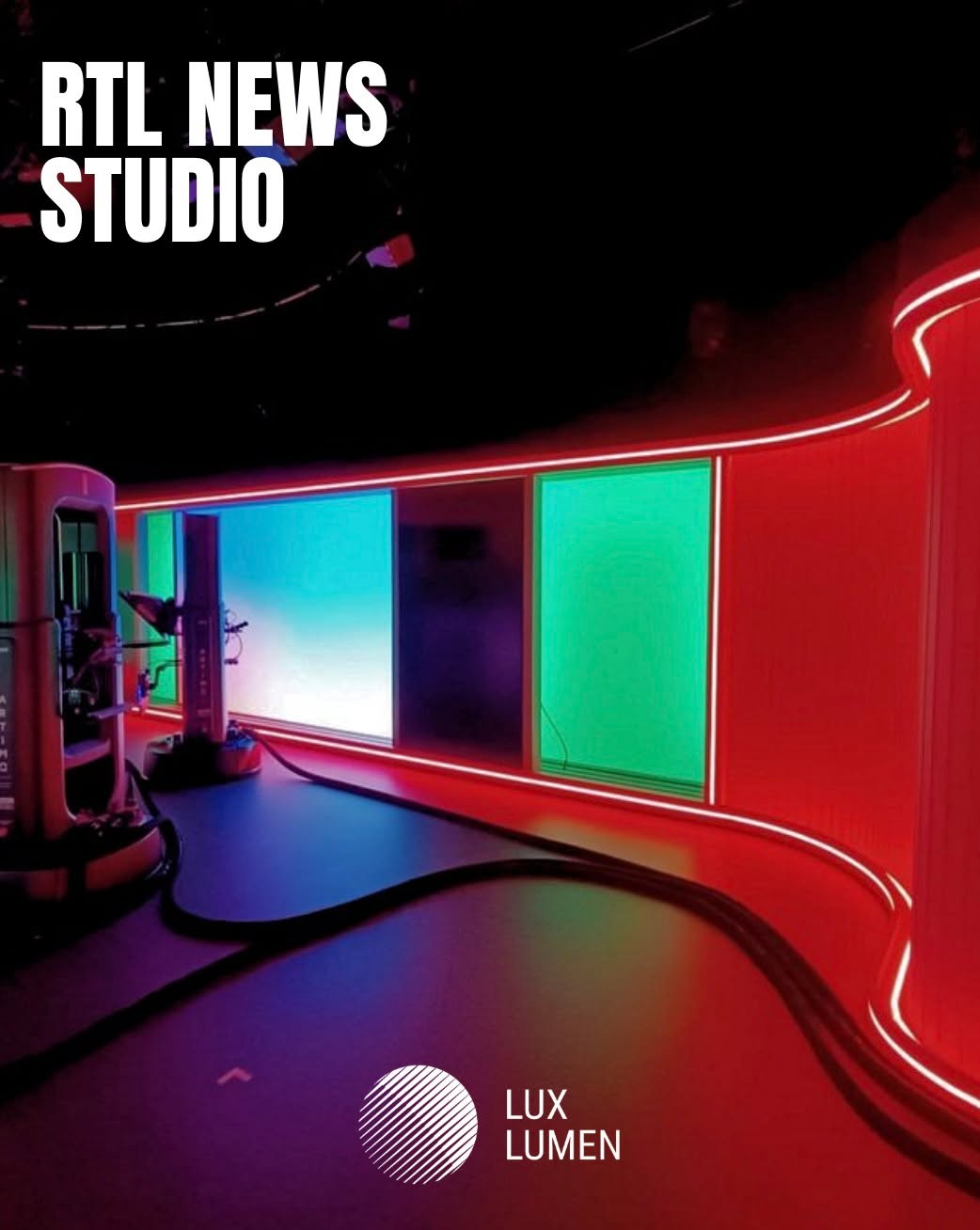 Lux Lumen worked on the lighting for the new RTL Nieuws studio in the Netherlands, where the focus shifted towards a more interactive and warmer environment.
By combining thoughtful lighting with richer materials and a refined lighting approach, the studio creates a stronger sense of connection for viewers at home. The result is a space that feels more human, more inviting, and closer to the stories being told.
A key element of the project was the integration of the decor design, developed as a fully assembled set concept. Extensive use of LED lines and custom LED control systems was implemented throughout, carefully adapted to work seamlessly with the green key environment. The studio features full green key walls, with LED lines subtly integrated into curved structures, creating a dynamic and immersive visual flow.
The green key setup itself was treated as an active element in the design. Precise measurement of the green wavelength ensured perfect calibration, with custom-printed fabric tailored to achieve optimal results on camera.
Lighting design by Michiel Milbou @@never.fear.shadows.design
@productionpeoplenl
Decor design @piece.montee
Decor build @atento