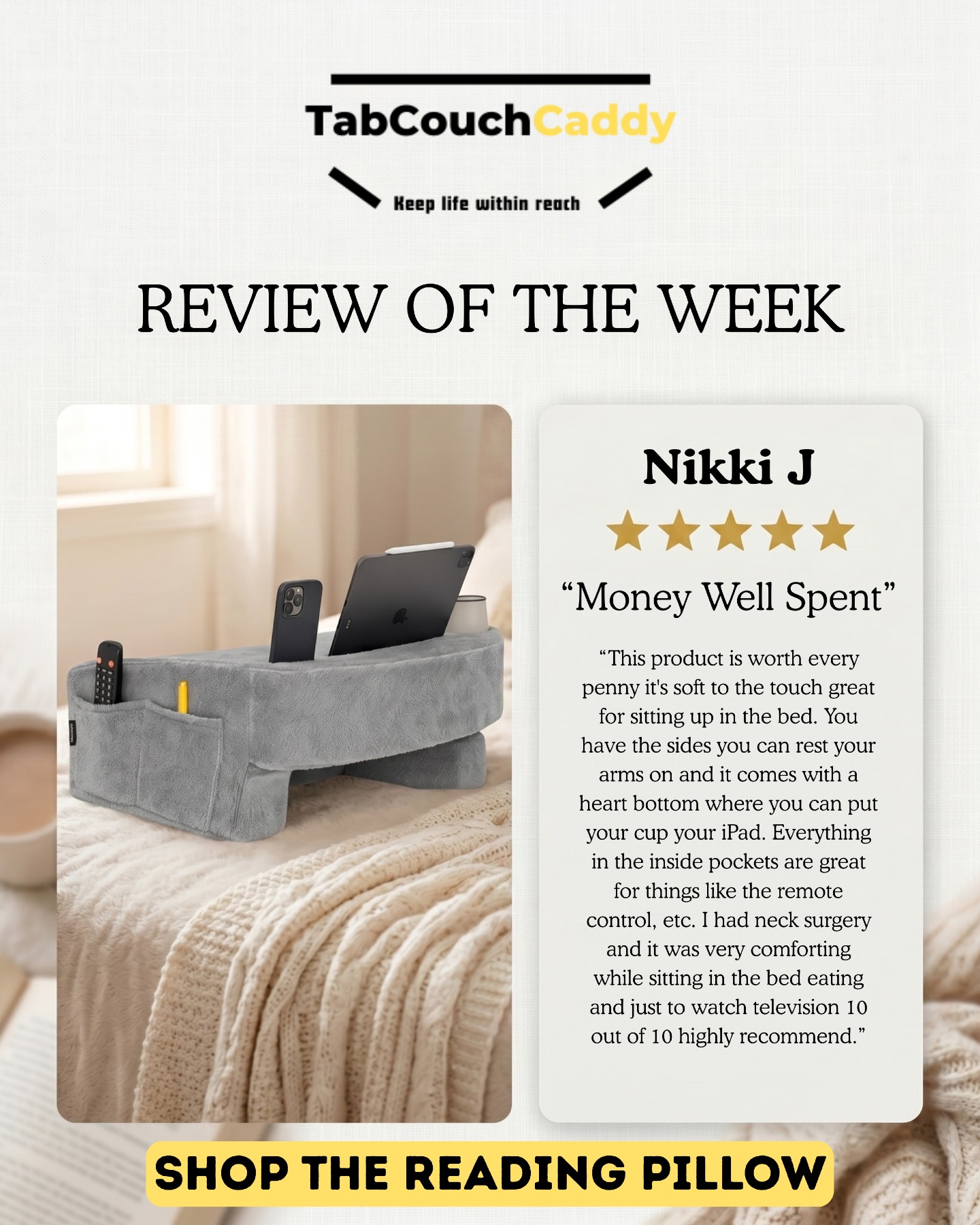 ⭐ Review of the Week: Nikki J. ⭐
"10 out of 10 – highly recommend." – Nikki, verified buyer.
Our Reading Pillow delivers comfort you can trust. Perfect for recovery, reading, or relaxing.
🎁 10% OFF with code READRELAX10
👉 Shop the pillow Nikki loves: www.tabcouchcaddy.com
#TabCouchCaddy #ReviewOfTheWeek #ReadingPillow #READRELAX10