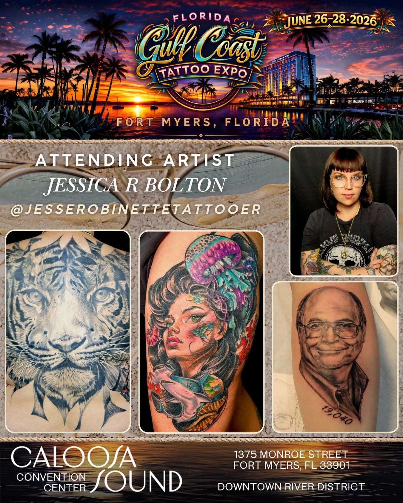 Please help us welcome @jesserobinettetattooer to the 2026 @floridagctattooexpo, to be held June 26-28 at the Caloosa Sound Convention Center in the Historic River District of Downtown Ft. Myers, Florida!
✉️ Please DM @jesserobinettetattooer for all inquiries about walk-ups and/or appts at the show!
🚨 Over 200 tattoo artists
🚨 Dozens of retail/art/merch & supply vendors
🚨 SWFL’s LARGEST TATTOO CONTEST… judged by Yallzee, Alwin Perez & TattooCasper
🚨 MC Joey Tattoo
🚨 Live music by Smack Daddy: and
🚨 Live sculpting and horror play by the famous Wayne Anderson Designs and his SWFL Haunted Attraction: Legends of Oblivion (hauntedswfl on IG)
🚨 Amazing Food & Libations
🏆🏆 We separate healed and fresh tattoo contests at this show! Healed categories are open!!! Like your piece? Enter it. Artists not tattooing at the show? Cool - send or bring your client!
Kids 12 and under are free, however parental discretion is advised due to language, risqué shows, and possible nudity.
🎟️ Tickets can be purchased on our website. Link in the bio.
⏰Hours: 11am-11pm Friday & Saturday 11am-7pm Sunday
🏨Also, if you would like to Stay & Play for a night or two, the Luminary has extended us an even better group rate starting at $189/night, which is a steal for this normally $350-$600 per night hotel! Reservations can only be made on our website www.floridagctattooexpo.com/hotel
#floridagctattooexpo #swfl #fortmyers #capecoral #tattooed