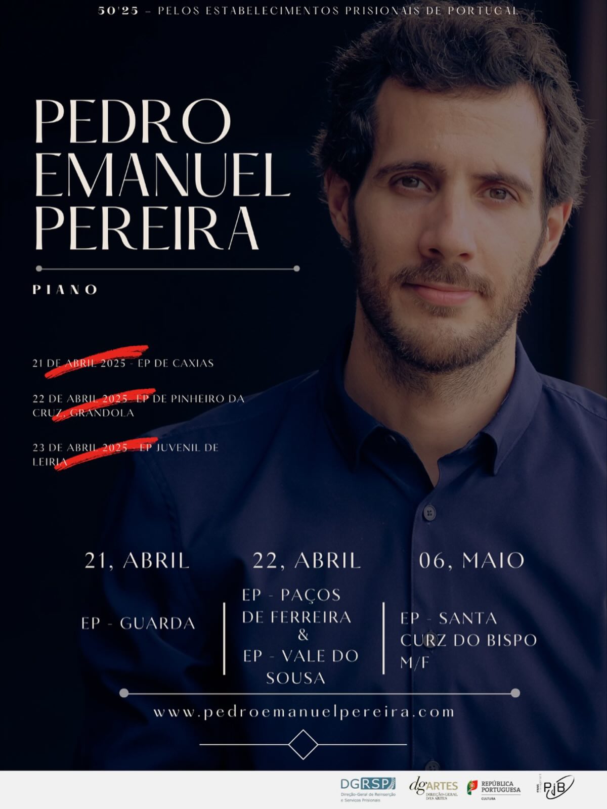 Silence opens space once again.
After three concerts in 2025, 50’25 returns to Portuguese prisons.
📍 April 21–22
📍 May 6
A project where music meets silence — and where inmates give it voice through writing.
—
O silêncio volta a abrir espaço.
Depois de três concertos em 2025 (Caxias, Pinheiro da Cruz e Leiria), o projeto 50’25 regressa aos estabelecimentos prisionais.
📍 21–22 abril — Guarda, Paços de Ferreira, Vale do Sousa
📍 6 maio — Santa Cruz do Bispo
Um projeto muito especial, onde a música encontra o silêncio — e onde os reclusos dão voz a esse espaço através da escrita.
Seguimos.
—
#5025 #PedroEmanuelPereira #Silêncio #Silence #Piano ArtWithImpact