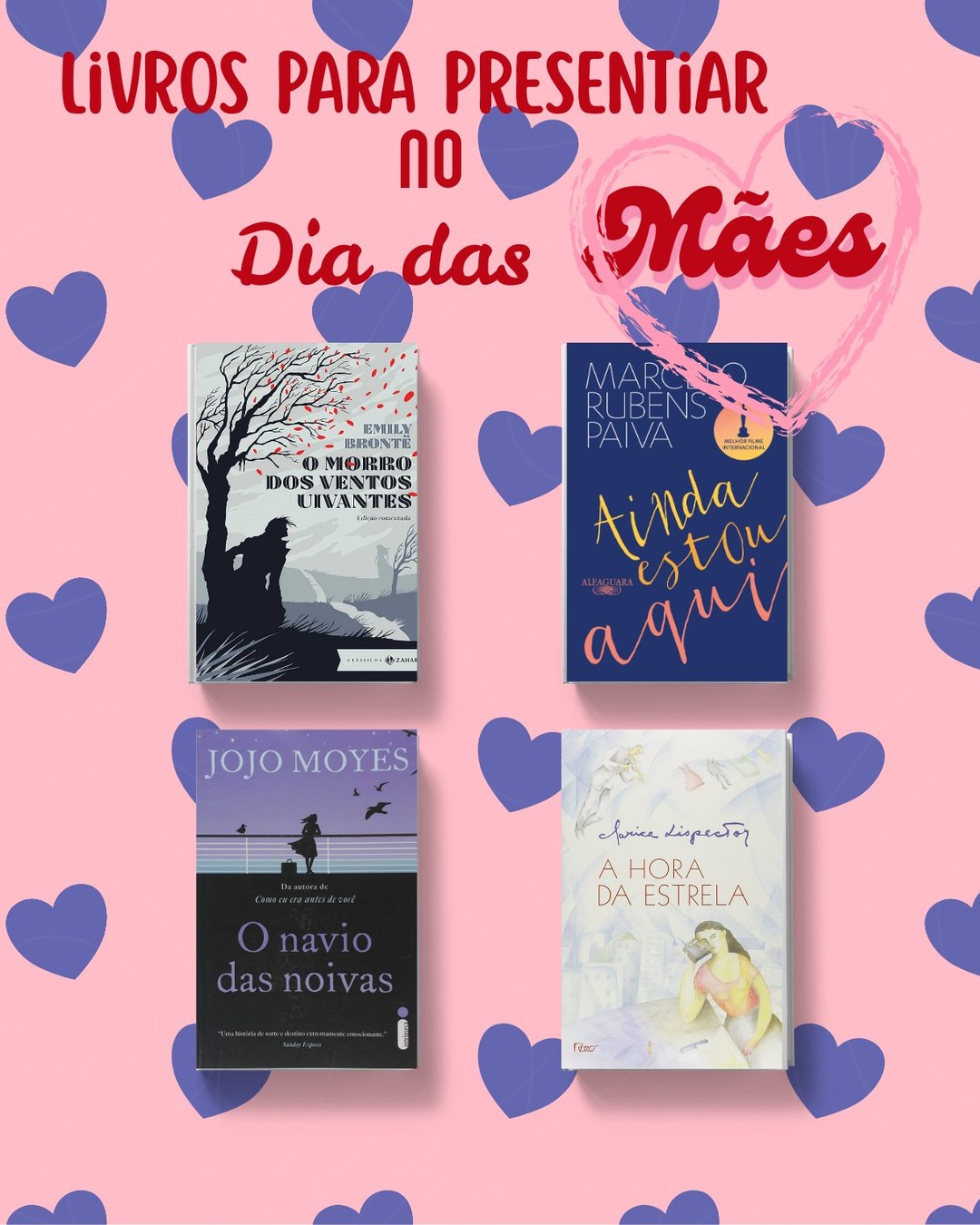 💗 O Dia das Mães está chegando e a busca pelo presente perfeito já começa a ser feita.
💗Neste post, indico livros para presentear a sua mãe. Vão desde clássicos românticos a histórias que a irão fazer refletir, mas tudo para deixar a sua mãe agradecida pelo presente.
🍒 O Morro dos Ventos Uivantes - Emily Bronte
🍒Ainda Estou Aqui - Marcelo Rubens Paiva
🍒O Navio das Noivas - Jojo Moyes
🍒A Hora da Estrela - Clarice Lispector
🍒O Alquimista - Paulo Coelho
🍒Olhos D’água - Conceição Evaristo
🍒O Segredo do Meu Turbante - Nadia Ghulam e Agnês Rotger
🍒O Maravilhoso Bistrô Francês - Nina George
🍒Uma Autobiografia - Rita Lee
🍒O Menino do Pijama Listrado - John Boyne
🍒O Duque e Eu - Julia Quinn
🍒Comer, Rezar, Amar - Elizabeth Gilbert
#foryou #feed #livros #books #bookstagram