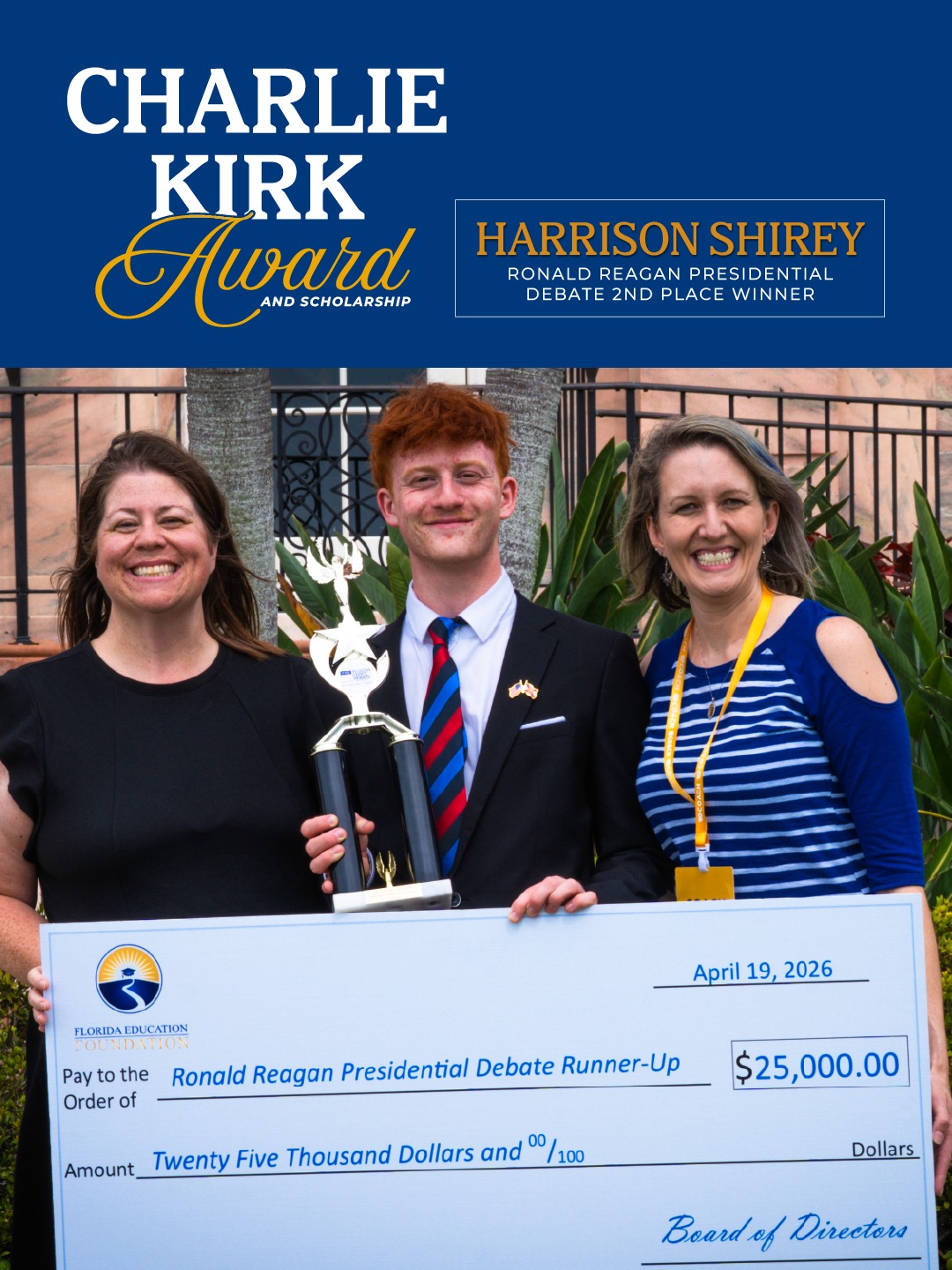 The Ronald Reagan Presidential Debate at the 2026 FCDI State Championship showcased some of the brightest and most talented young minds in Florida, and every top competitor deserves to be celebrated.
These scholarships made possible through the generosity of our donor, Patricia Duggan. will go directly toward each student's pursuit of higher education.