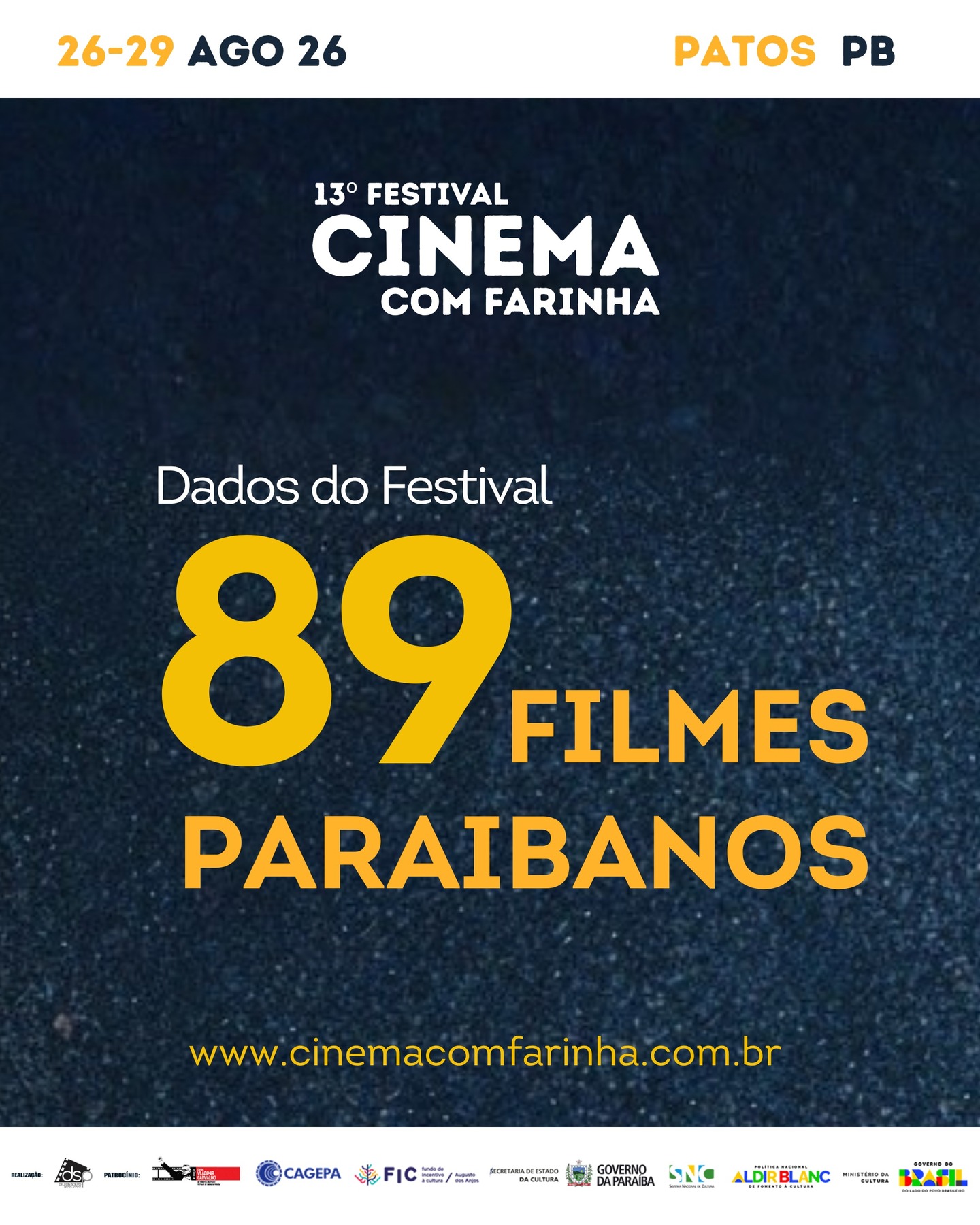 🎬 A PARAÍBA EM DESTAQUE!
O 13º Festival Cinema com Farinha recebeu 89 filmes paraibanos, reafirmando a força, a diversidade e o talento do nosso audiovisual.
Essas obras irão compor diferentes olhares dentro da programação, participando das mostras:
✨ Mostra Paraíba (competitiva)
🌵 Mostra Sertão
📺 Mostrinha
🎥 Mostra de Longas
É o cinema do nosso território ganhando espaço, voz e projeção.
Nosso agradecimento a cada realizador e realizadora que inscreveu seu filme e fortalece essa cena tão potente.
Agora seguimos para a etapa de curadoria, com divulgação dos selecionados em julho.
Agosto promete ser inesquecível! 🎞️
#CinemaComFarinha #CinemaParaibano #Audiovisual #FestivalDeCinema #PatosPB #CulturaParaibana