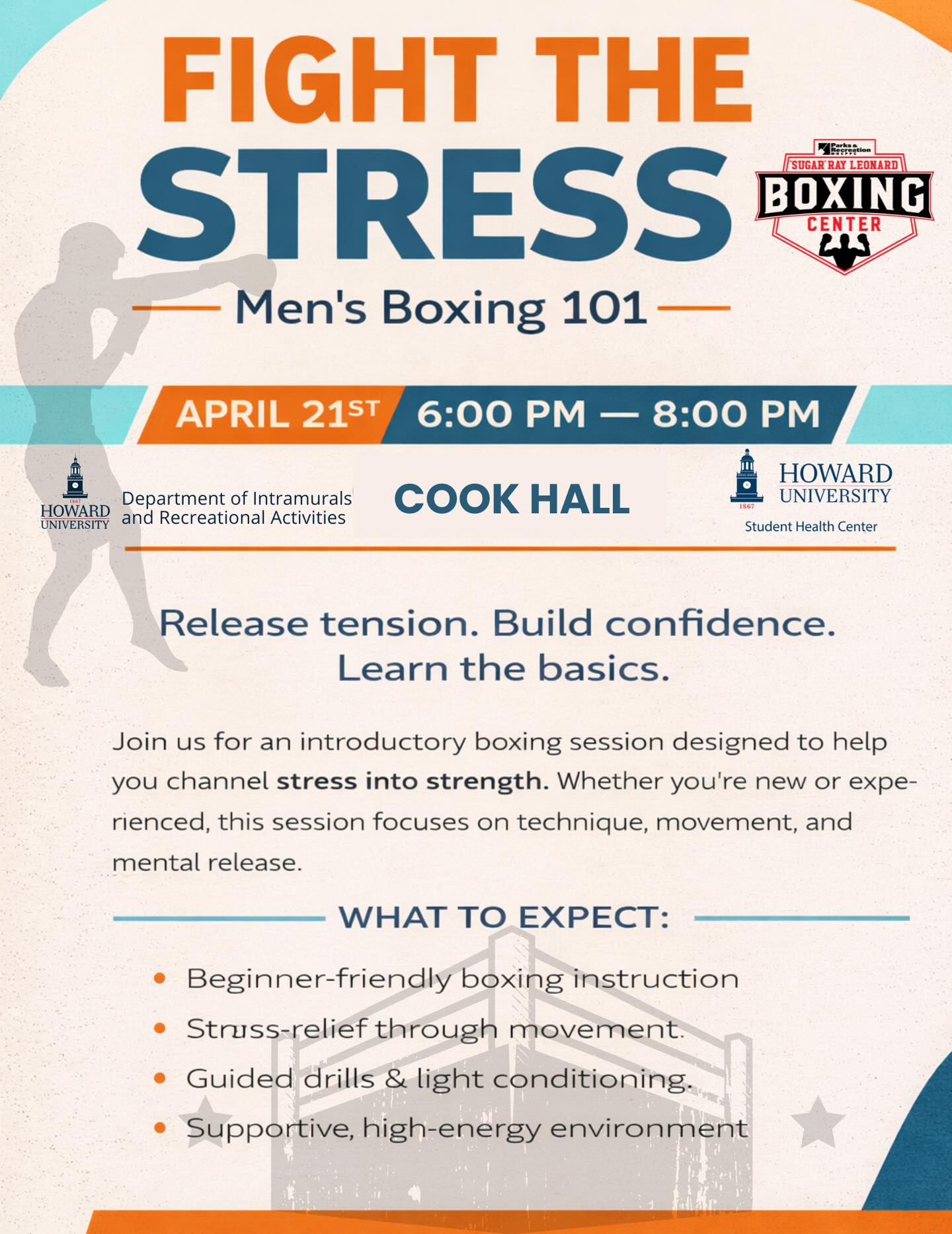 Calling all Howard Men 🦬 Step out of the library and into the ring. Learn elite techniques from Sugar Ray Leonard’s trainers and take out your stress on the mitts 🥊