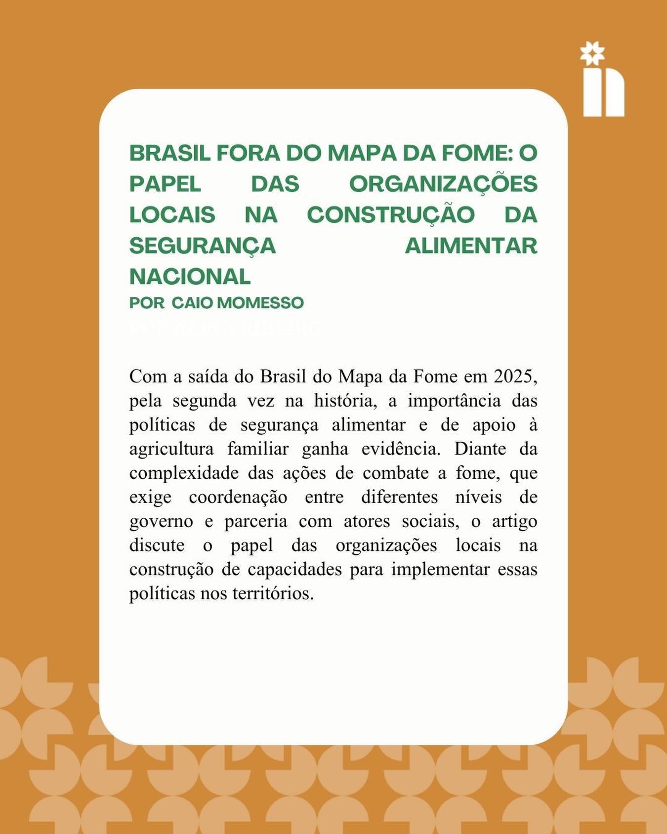 📋 DEBATE PÚBLICO 📋
O site do Núcleo de Democracia e Ação Coletiva (NDAC) publica esse mês o texto de Caio Momesso, doutorando em Ciência Política e pesquisador do Núcleo. Com a saída do Brasil do Mapa da Fome em 2025, a importância das políticas de segurança alimentar e de apoio à agricultura familiar ganha evidência. Caio aponta o papel das organizações locais na construção de capacidades para a implementação de arranjos territoriais, ao longo do tempo e sob diversas políticas públicas combinadas.
Acesse nosso site e leia o texto completo, o link está na bio.