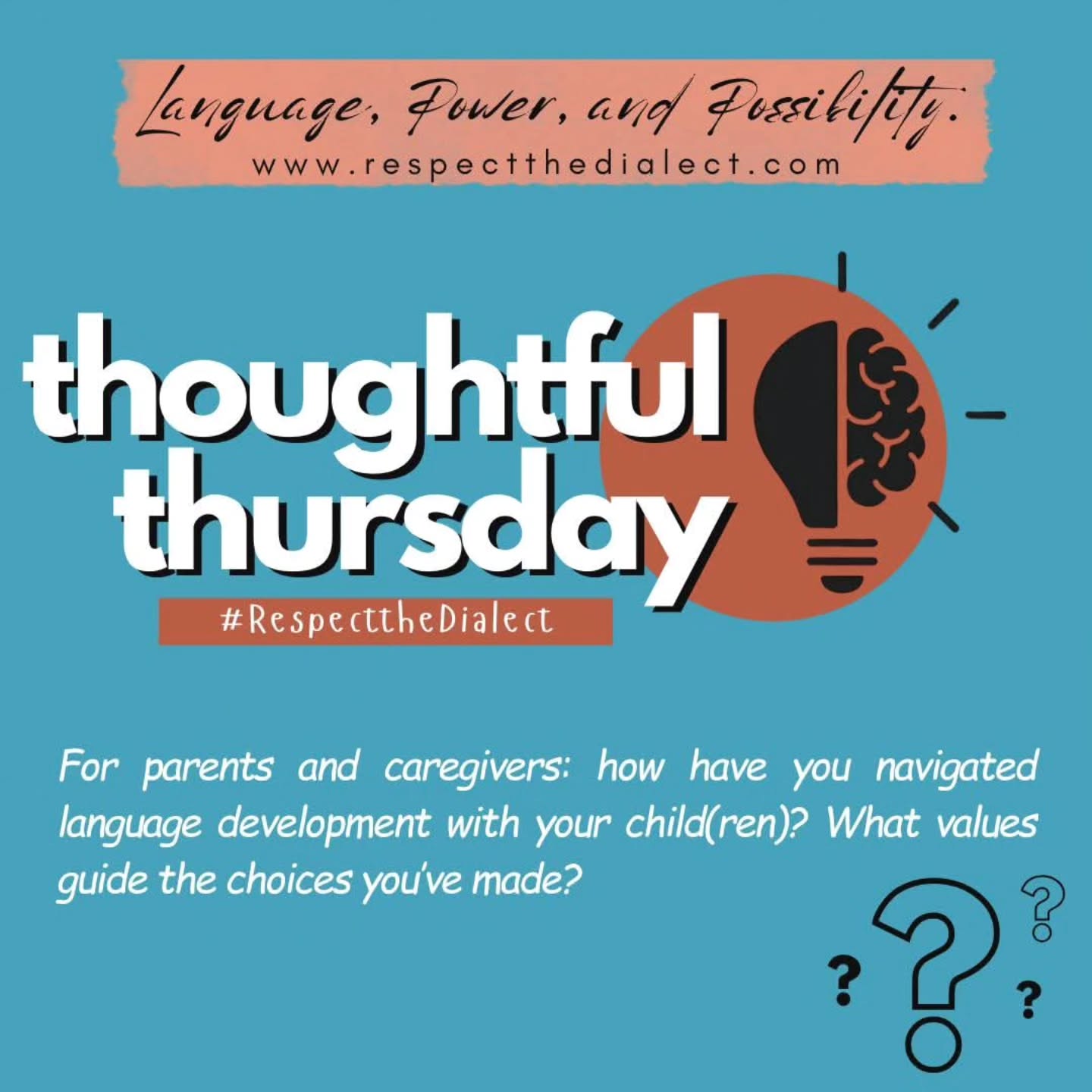 Thoughtful Thursday
For parents and caregivers: how have you navigated language development with your child(ren)? What values guide the choices you’ve made?
There’s no single “right” way to support how children communicate. Every family makes decisions shaped by culture, community, access, and lived experience. Some of us prioritize multilingualism. Some center cultural or heritage language practices. Some are navigating school expectations alongside what feels authentic at home.
What has that looked like for you?
How do you approach language use across settings (home, school, community)?
What influenced your decisions?
What have you learned along the way?
Feel free to share as much or as little as you’d like. Listening across perspectives helps us all think more deeply about how language, identity, and belonging show up in our everyday choices.
#RespectTheDialect #theculturewespeak #ThoughtfulThursday #languageandpower