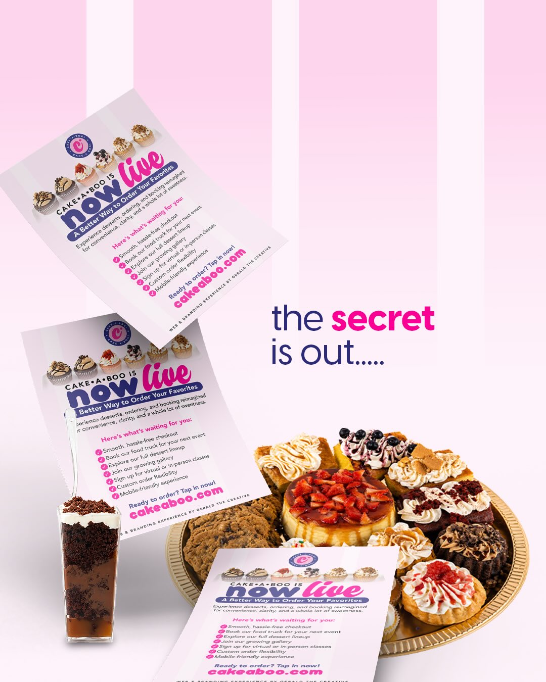 The secret’s out and it’s sweeter than ever. @cake_a_boo
This project was all about creating an experience that flows from screen to real life.
A website designed for ease.
A mobile experience built for convenience.
And branding that shows up beautifully in every detail (from acrylic signage to a fully customized food truck.)
Because Cake-A-Boo isn’t just desserts.
It’s presentation. It’s experience. It’s a moment.