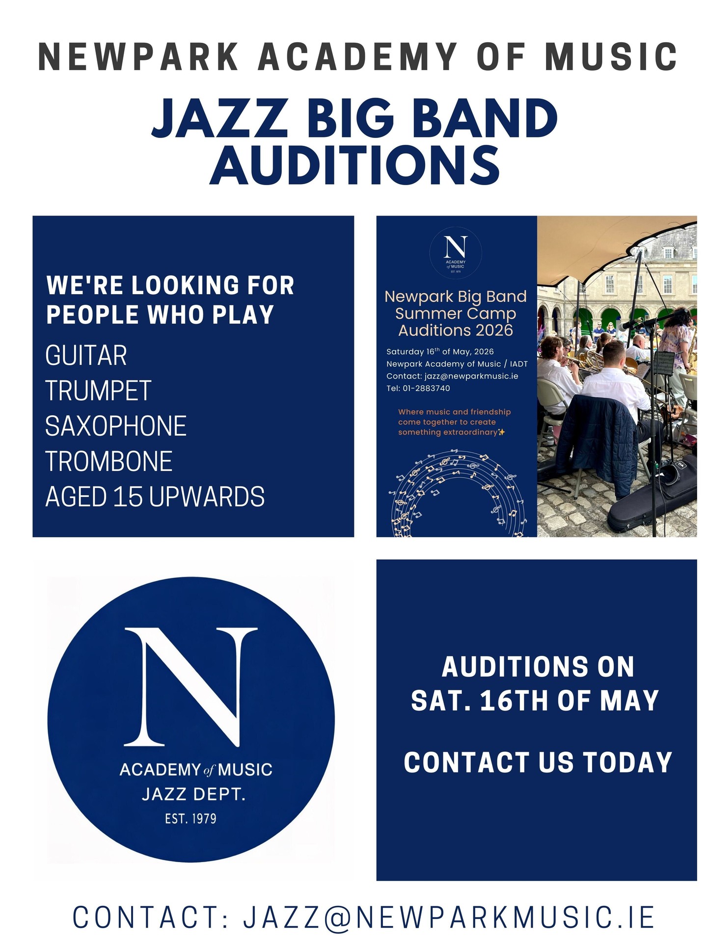 Final call for applications!
Today is the last day to apply for the Newpark Big Band 2026 auditions, taking place this Saturday, 16 May.
If you’ve been thinking about it, this is your moment to go for it. The Big Band is a brilliant opportunity to play at a high level, work with other committed musicians, and be part of something that’s both challenging and genuinely fun.
Applications close tonight, so make sure you’ve submitted yours in time.
https://www.newparkmusic.ie/newpark-big-band-2026