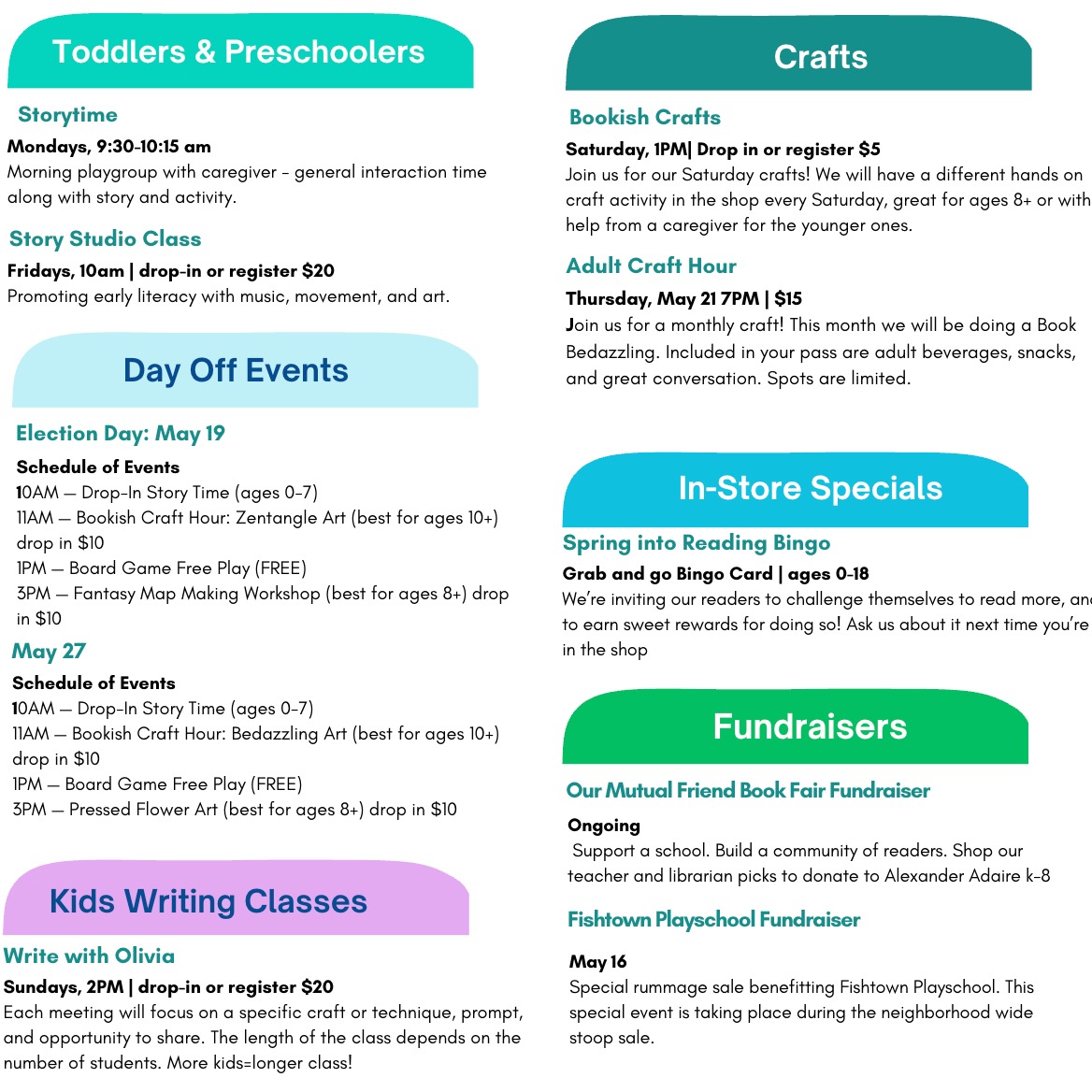 Can you believe we are nearly halfway through May? We still have so much planned for the month including a fundraiser for @fishtown_playschool this weekend, day off events for those pesky extra days off on the school calendar, and drop-in classes.
Also, a confession on best laid plans. I really am so excited to dig into more book clubs, but I recognize that May is just a crazy time for parents. So after today's Darkstalker event, we will pause youth book clubs until after the summer. BUT we will have so many fun drop-in classes centered on reading and writing as we make space for another chaotic summer of parenting. More details to come for June-August plans.
#raisereaders #phillyevents #eventsforkids