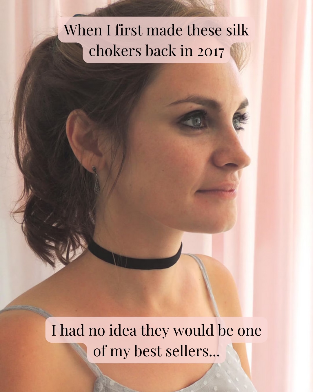 When I first made these silk chokers back in 2017
I had no idea they would be one of my best sellers…
Or just how much you’d love them!
So here are some of my favourite reviews
“Comfortable to wear and soft on the delicate skin on the neck.”
““Absolutely stunning! Arrived super fast. Beautifully made, I wore the choker straight away - I can feel the difference the stretchy silk has on my neck, comfortable to wear abs kind to the skin. I am going to order one in black too! The packaging was pretty and of good quality. Thank you”
“Perfect silk necklace for my wedding! It came quickly despite it being an international order and included care instructions for the silk.”
“As described, gorgeous silk choker. Sized perfectly; it’s exactly what I wanted.”
Image description – 1. Beth, a white woman in her twenties, is looking to the right with her hair in a ponytail and is wearing a black silk choker
2. A close up of Beth wearing a white choker
3. Beth is looking to the right with her hair in a ponytail and is wearing a black silk choker
4. A close up of Beth wearing a white choker
5. A close up of Beth wearing a white choker
6. Beth is looking to the right with her hair in a ponytail and is wearing a white silk choker
All images have text from the above caption added and reviews have 5 pink stars added too