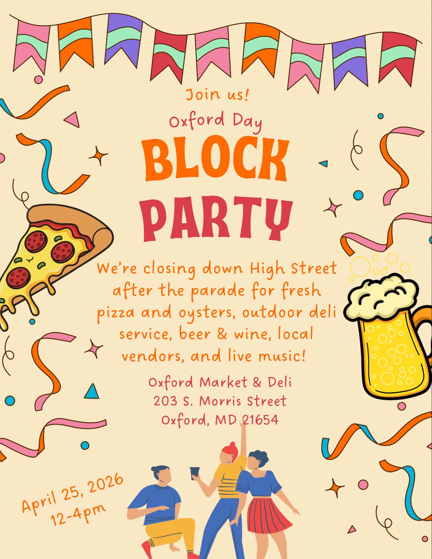 Join us for our Oxford Day Block Party this Saturday 4/25! Come by after the parade from 12-4 for some fun! We’ll have:
🎸 live music from Uke’s of Hazzard, a local female ukulele trio
🍻 beer & wine
🥪outdoor deli service
🍕 pizzas from @oxfordpizzaco
🦪 oysters from @choptank_terrapin_oyster_co
🎨 caricature art from @bibzydesignz