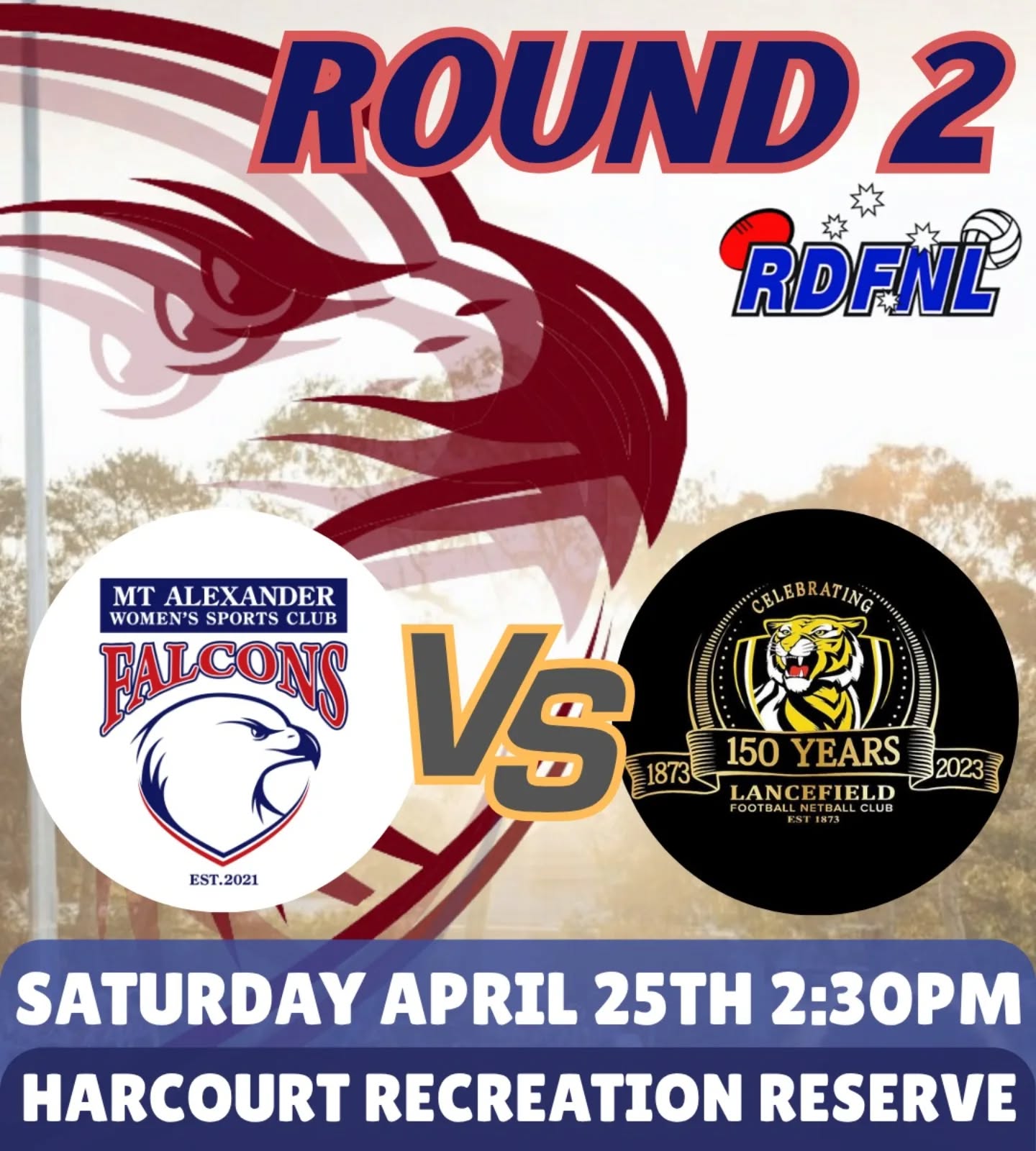 Get excited for our first home game of the season!! 💪
The weather is looking glorious 🌞 the canteen will be serving up some delicious treats 🥧 and the team are all fired up to take on Lancefield in beautiful Harcourt 🏟️
Don your Falcs colours and get around it!!