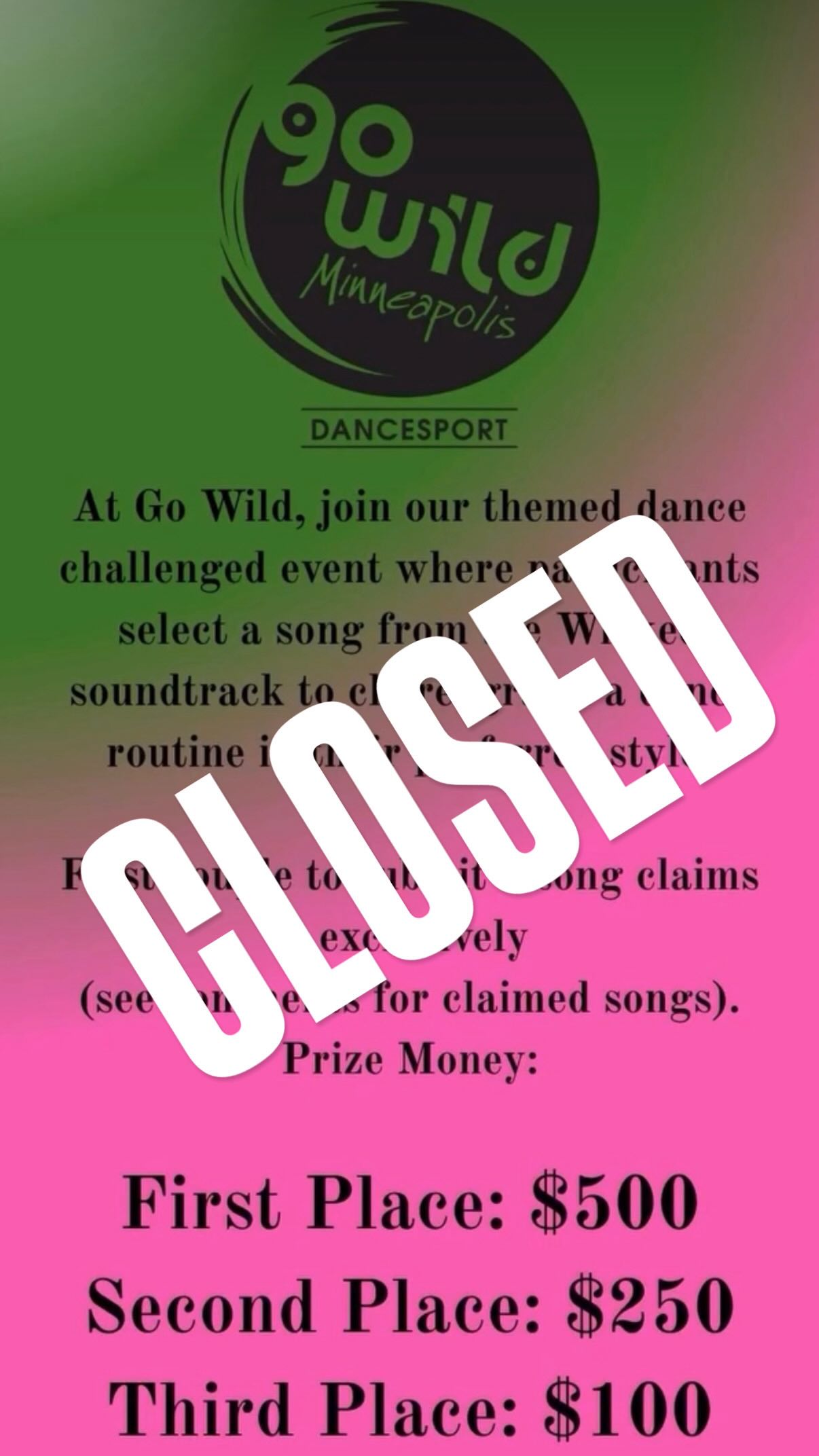 At Go Wild, join our themed dance challenged event where participants select a song from the Wicked soundtrack to choreograph a dance routine in their preferred style.
(#ballroom #rhythm #latin #smooth #showdance)
First couple to submit a song claims it exclusively
(see comments for claimed songs).
Prize Money:
First Place: $500
Second Place: $250
Third Place: $100
#gowildminneapolisdancesport #2026