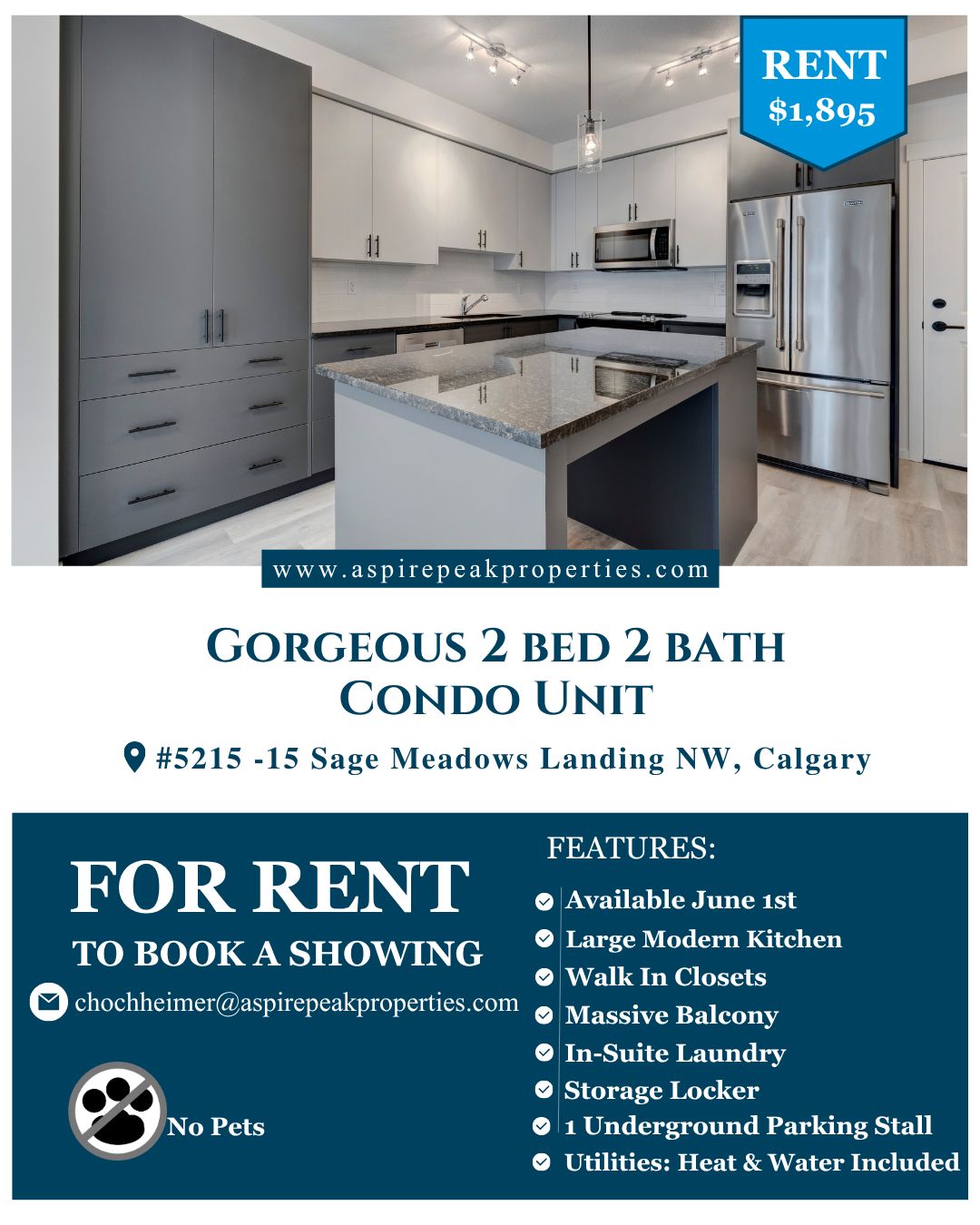 Stunning 2-bed, 2-bath condo in Sage Meadows Landing! ✨
This gorgeous unit features a modern kitchen with granite countertops, stainless steel appliances, and a sleek island—perfect for entertaining. 🍽️
✅ Walk-in closets
✅ Massive balcony
✅ In-suite laundry
✅ Storage locker
✅ 1 underground parking stall
✅ Heat & water included
Available June 1st | No pets
$1,895/month
Ready to view? 📧 chochheimer@aspirepeakproperties.com
#SageMeadows #CalgaryCondos #RentalProperty #ModernLiving #CalgaryRentals #AspirePeakProperties