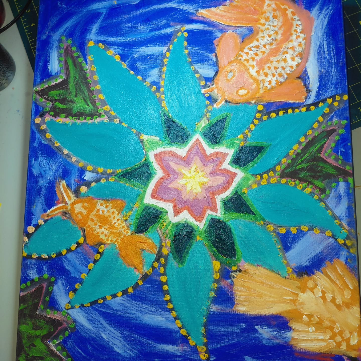 Go Make A Rukus
Day 14 / 100
âKOI LOTUSâ đ¸đ
This piece started during a very dark period of my life.
Initially, I didnât even realise what I was painting â just trying to focus my energies elsewhere.
But over a year is a long time, and it has shifted in line with my life.
What started heavy and chaotic slowly became warmer, calmer⌠almost hopeful.
With the end of this piece in site - Iâm strangely torn between wanting to complete it and wanting to stay inside this little world a bit longer.
Chat GBT suggested that "The koi represents persistence through rough water.
/ The lotus represents growth through mud and darkness".
For me, I just thought they were a cool combo that I seen through my earlier travels, firstly Japan, and later India.
I guess this painting became both.
And it made me curious:
đĽ Would you hang this in your home?
đĽWhat does it make you feel when you look at it?
(Comment below)
(Pics After â Before)
#ArtJourney
#KoiLotus
#HealingThroughArt
#AustralianArtist
#EmergingArtist
SpiritualArt
KoiFishArt
LotusFlowerArt
ArtWithMeaning
CreateAnyway
