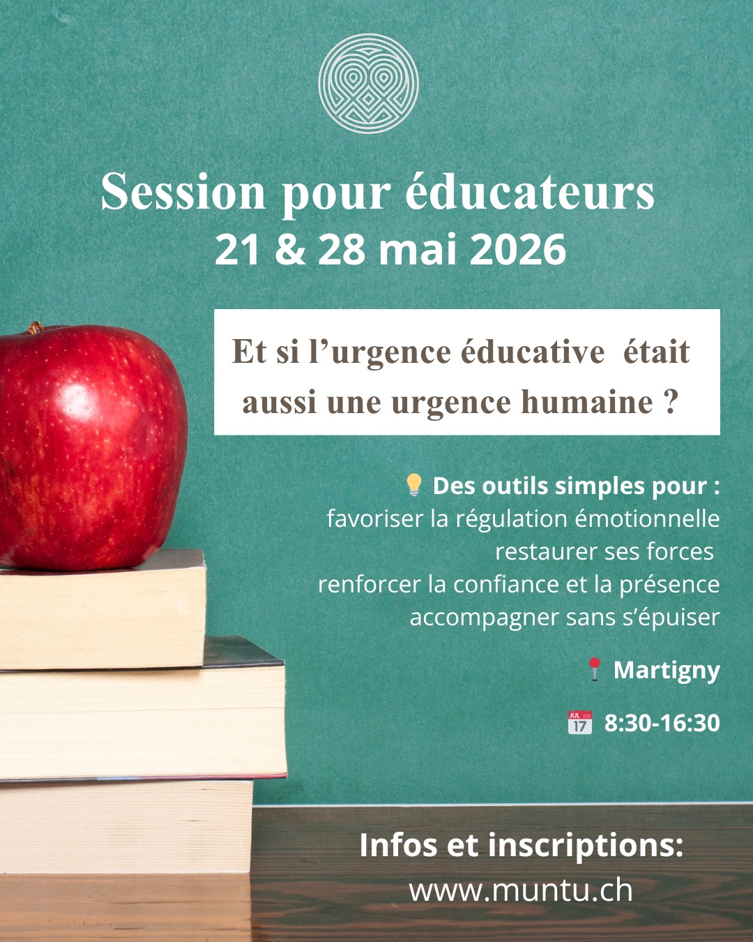 Les professionnels de l’éducation et de l’accompagnement font face à une réalité de plus en plus intense : surcharge cognitive, stress chronique, émotions difficiles à réguler, hyperstimulation permanente…
Comment aider les jeunes — et nous-mêmes — à retrouver de la stabilité, du discernement et une capacité d’engagement durable ?
Venez découvrir notre démarche concrète , nourrie d’expériences de terrain.
Parce qu’éduquer aujourd’hui demande plus que de la transmission de savoirs : cela demande de créer des espaces où chacun peut redevenir acteur de son développement.
📍 Martigny
📅 21 & 28 mai
🔗 Plus d’informations :https://www.muntu.ch/