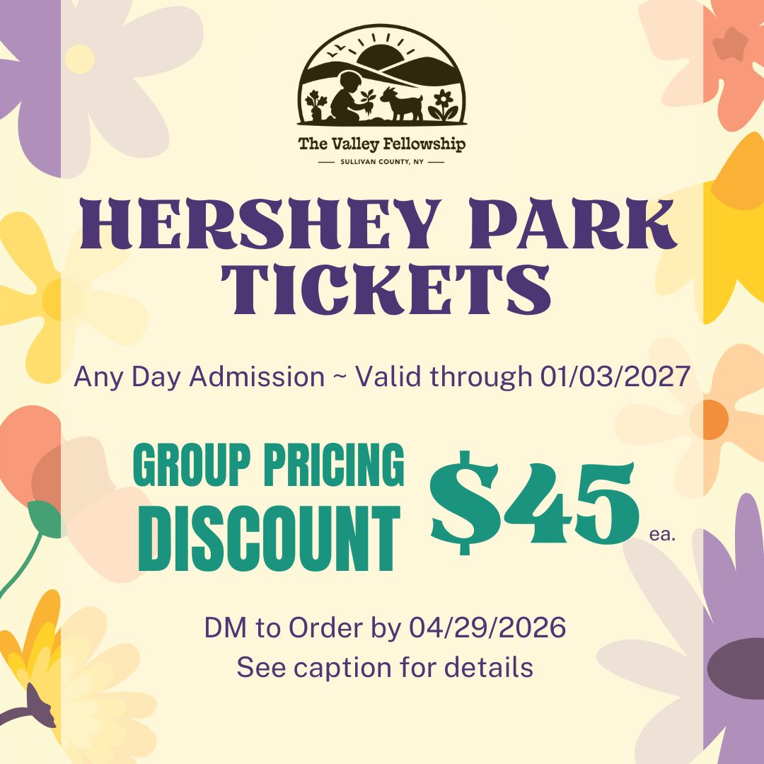 🎢 Discounted Hersheypark tickets are here!
✔️ $45 each
✔️ Any-day admission (valid through 01/03/2027)
✔️ Plan your trip whenever it works for you
🗓 Order by 04/29/2026
Open to families, friends, and community—feel free to share 💛
Supporting garden, animal care, and family programs 🌱
#Hersheypark #TheValleyFellowship #NYFamilies #SullivanCountyNY #Fundraiser #SummerPlans
