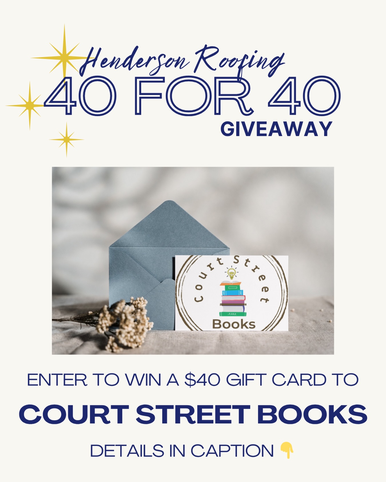 🎉40 FOR 40 GIVEAWAY🎉
Win a $40 gift card to Court Street Books!
How to enter:
1. Follow @hendersonroofing
2. Like this post
3. Tag a friend in the comments
4. Share this post
Winner will be announced on 6/3 from this page. Dont forget to hop over to our Facebook account and enter there too for an extra chance! 👀