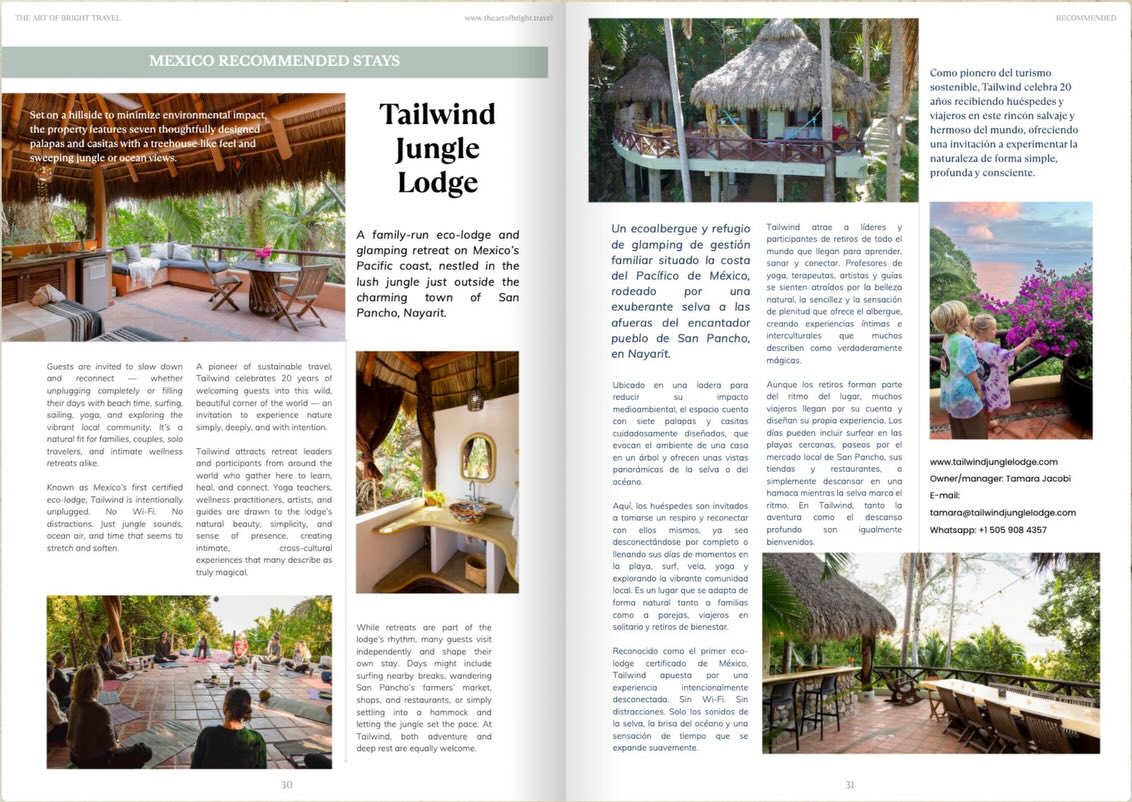 Check it out! 👀 We’re honored for our ecolodge to be featured as a “Mexico Recommended Stay” in The Art of Bright Travel Magazine — your passport to enlightening adventures.
Gracias @theartofbright.travel for highlighting us in your Spring 2026 issue. The spread turned out beautifully🙏. #TailwindJungleLodge #EcolodgeMexico #TravelMexico #SustainableTravel #SlowTravel SanPanchoNayarit