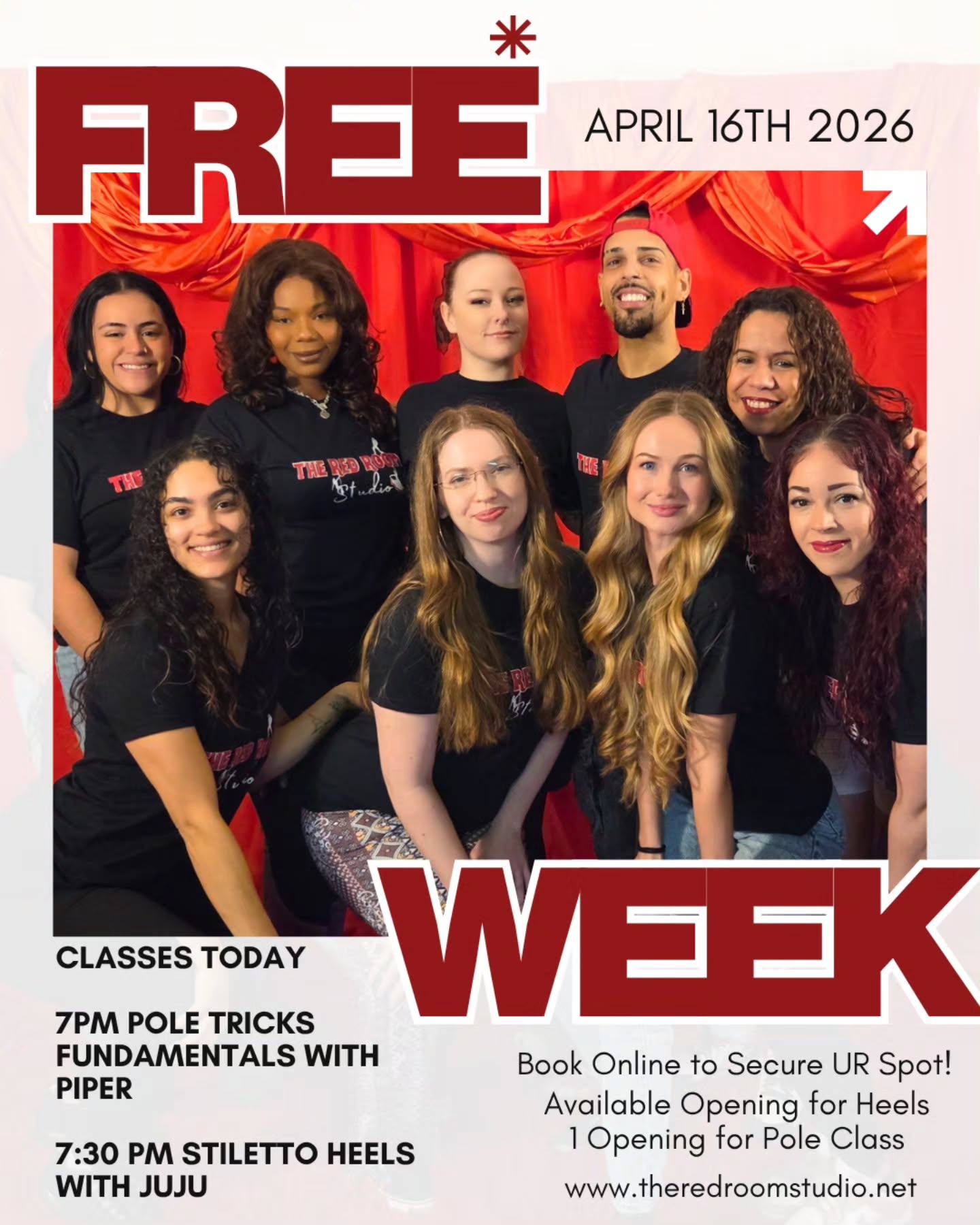 FREE WEEK- Day 4 ✨️
Join us today for fitness and Dance classes! Few openings left for Stiletto Heels & 1 Opening left for Pole Tricks Fundamentals.
Dance girlies grab your heels 👠
Pole girlies grab your grip 🧴
All baddies meet us in the stu 😍
Registration closes 1 hour before class start time, be sure to book early.
#theredroomstudio #freeclasses #freeweek #njdancestudio #njpolefitness