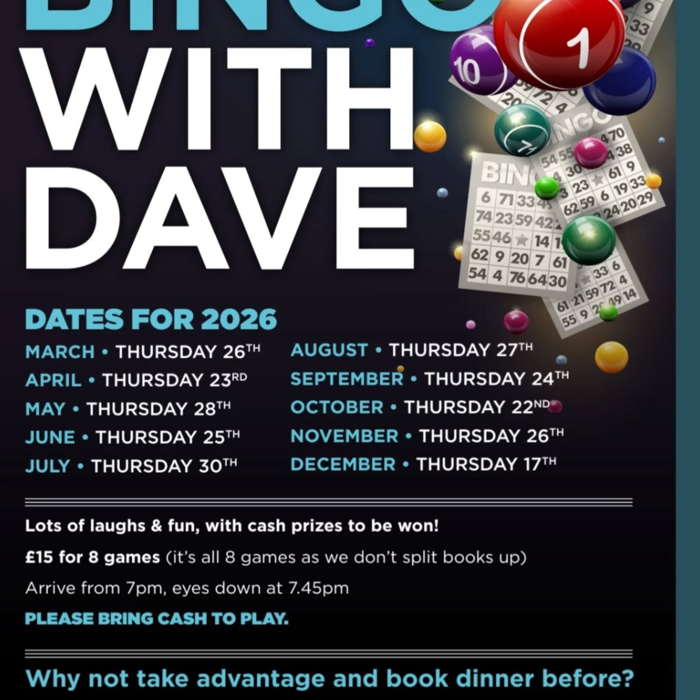 Bingo is fully booked this Thursday, but see the dates for the rest 2026. Phone 01342 821080 to book.