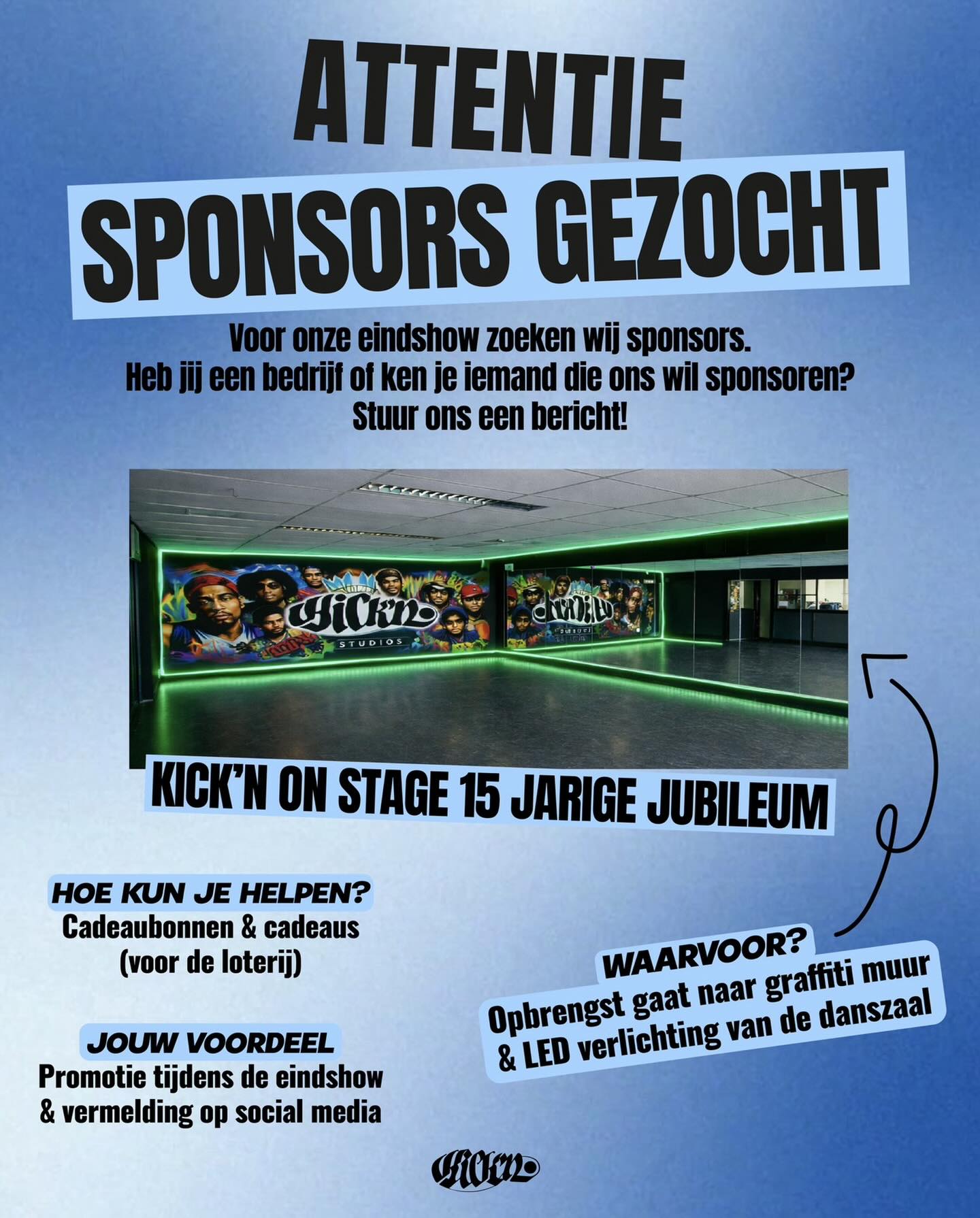 Wij zijn opzoek naar jou!! Tijdens de eindshow van 23 mei hebben we weer een loterij!! Hiervoor zijn we opzoek naar bedrijven die leuke prijzen willen sponseren!
.
We sparen dit jaar met de loterij voor verlichting in zaal 1 beneden💡 Op dit moment hebben we super mooi licht in zaal 3, en we willen dit realiseren in alle zalen zodat alle leden hiervan kunnen genieten. We hebben een voorbeeld gemaakt van wat we willen realiseren 👀😎Door een prijs te sponseren help je ons te werken naar dit doel!!
.
Heb jij een leuke prijs voor de loterij? Neem dan contact met ons op via de mail: kicknstudios@gmail.com of stuur een DM 📩
.
#sponsoren #helpusout #loterij #zaalverlichting #zoetermeer