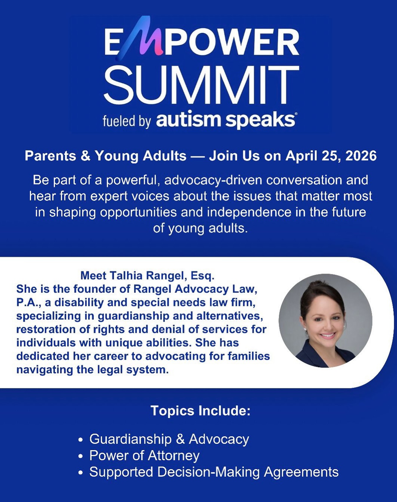 Stronger together, louder together.
The Empower Summit brings families, advocates, and experts into one space to create real opportunities for the future.
We are proud to have our very own Talhia Rangel, Esq. as a featured speaker—continuing to advocate, educate, and make a lasting impact in our community.
Join the conversation. Be part of the change. Link in bio.