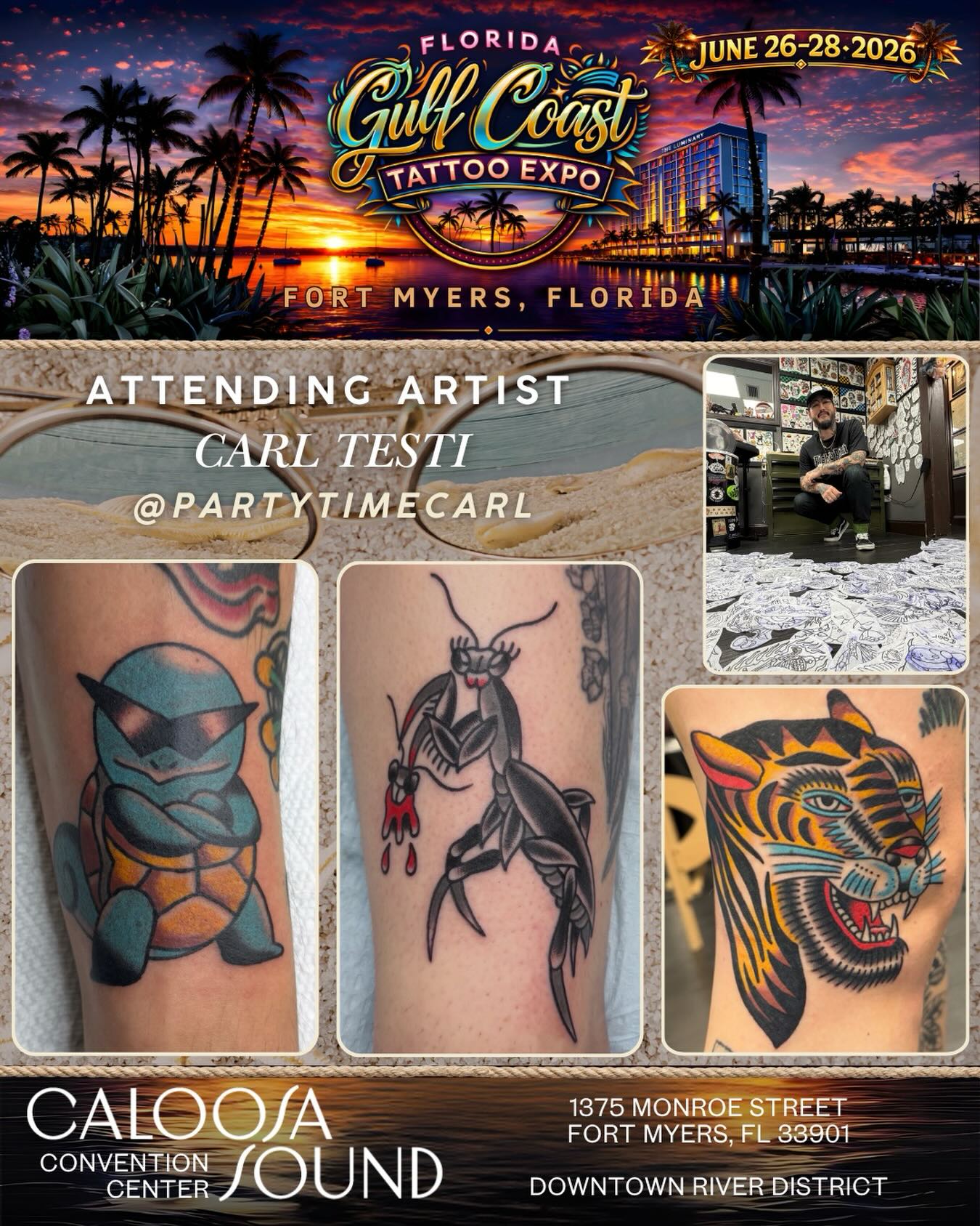 Please help us welcome @partytimecarl to the 2026 @floridagctattooexpo, to be held June 26-28 at the Caloosa Sound Convention Center in the Historic River District of Downtown Ft. Myers, Florida!
✉️ Please DM @partytimecarl for all inquiries about walk-ups and/or appts at the show!
🚨 Over 200 tattoo artists
🚨 Dozens of retail/art/merch & supply vendors
🚨 SWFL’s LARGEST TATTOO CONTEST… judged by Yallzee, Alwin Perez & TattooCasper
🚨 MC Joey Tattoo
🚨 Live music by Smack Daddy: and
🚨 Live sculpting and horror play by the famous Wayne Anderson Designs and his SWFL Haunted Attraction: Legends of Oblivion (hauntedswfl on IG)
🚨 Amazing Food & Libations
🏆🏆 We separate healed and fresh tattoo contests at this show! Healed categories are open!!! Like your piece? Enter it. Artists not tattooing at the show? Cool - send or bring your client!
Kids 12 and under are free, however parental discretion is advised due to language, risqué shows, and possible nudity.
🎟️ Tickets can be purchased on our website. Link in the bio.
⏰Hours: 11am-11pm Friday & Saturday 11am-7pm Sunday
🏨Also, if you would like to Stay & Play for a night or two, the Luminary has extended us an even better group rate starting at $189/night, which is a steal for this normally $350-$600 per night hotel! Reservations can only be made on our website www.floridagctattooexpo.com/hotel
#floridagctattooexpo #swfl #fortmyers #capecoral #tattooed