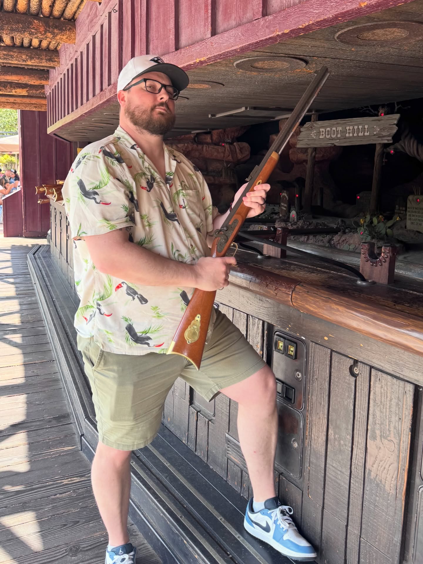 Ok the grand total of how many guns/cannons I could find at Disneyland:
Main Street:
2 cannons
Adventureland:
Indy - 2 holstered revolvers
Jungle Cruise (was closed) - 3 rifles, 12 revolvers (one per boat)
New Orleans Square:
Pirates of the Caribbean - 48 varied guns and cannons
Columbia Ship (closed) - 5 cannons visible, unknown below decks
Haunted Mansion - 2 dueling pistols
Frontierland:
Shooting Exposition - 18
Fort - 1 cannon
Pirate Island - 2 cannons that I could see
Galaxies Edge:
Smugglers Run/Ambient - 8 blasters
Various ships - 12
Stores - 13
Rise of the resistance - 122(!)
Tomorrowland:
Star Tours - 2
Fantasyland:
Peter Pan - 2 cannons
Small World - 1 (cork) gun
Grand total: 255 guns, cannons, or blasters that I could find at Disneyland.
More or less than you thought?