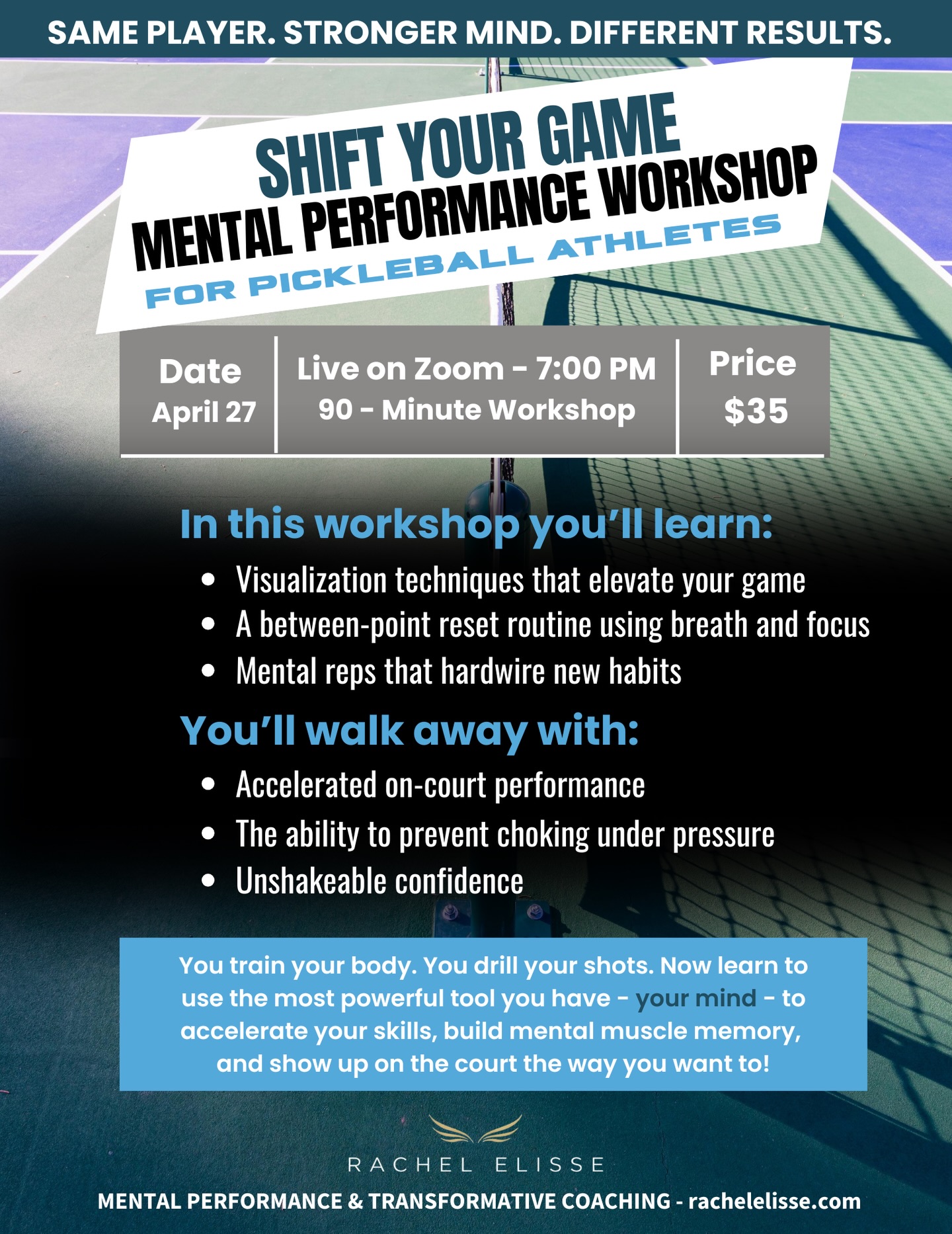 New Workshop for Pickleball Athletes!
This workshop is specifically for adult pickleball players 18+ who want to level up their mental game. Link in bio to register (rachelelisse.com/workshops). Go to my workshop page.
If you are a youth pickleball player who is interested in leveling up, you can go to the link in my bio and go to my workshop page to subscribe for future workshops.
#pickleball #mentaltoughnes #pickleballers #pickleballtraining #pickleballcoaching